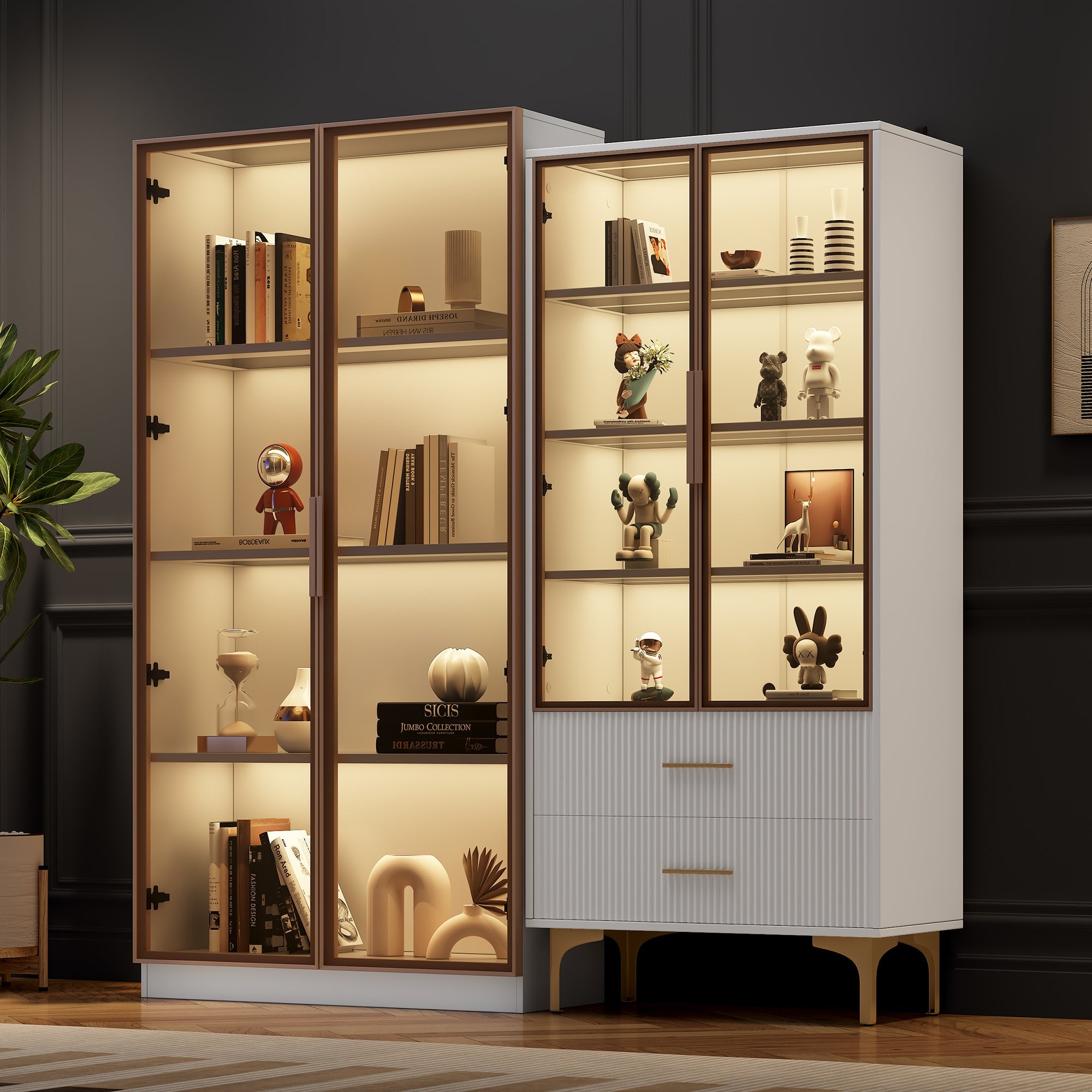 Modern Living Room Set: Two Glass Display Cabinets with LED Lighting, Adjustable Shelves, White Platinum Finish
