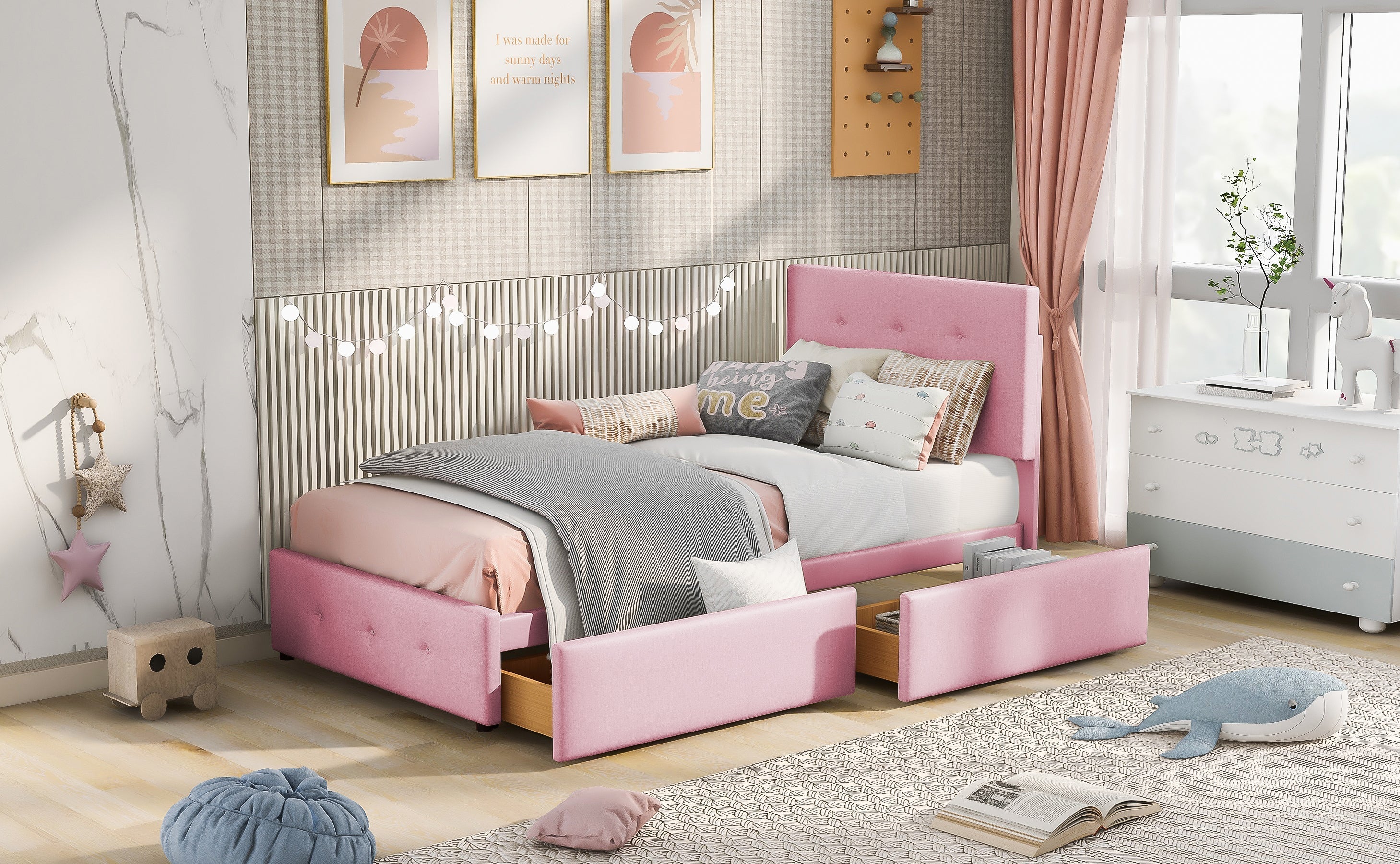 Upholstered Bed 90x200cm, Slatted Frame, Backrest & 2 Drawers, Pink Velvet