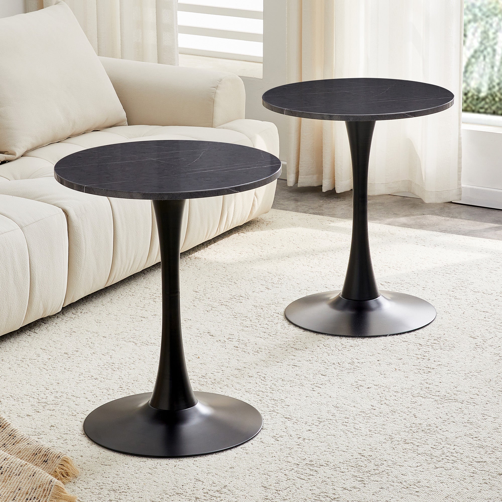Round Side/Dining Table 60cm Marble Look - Black MDF