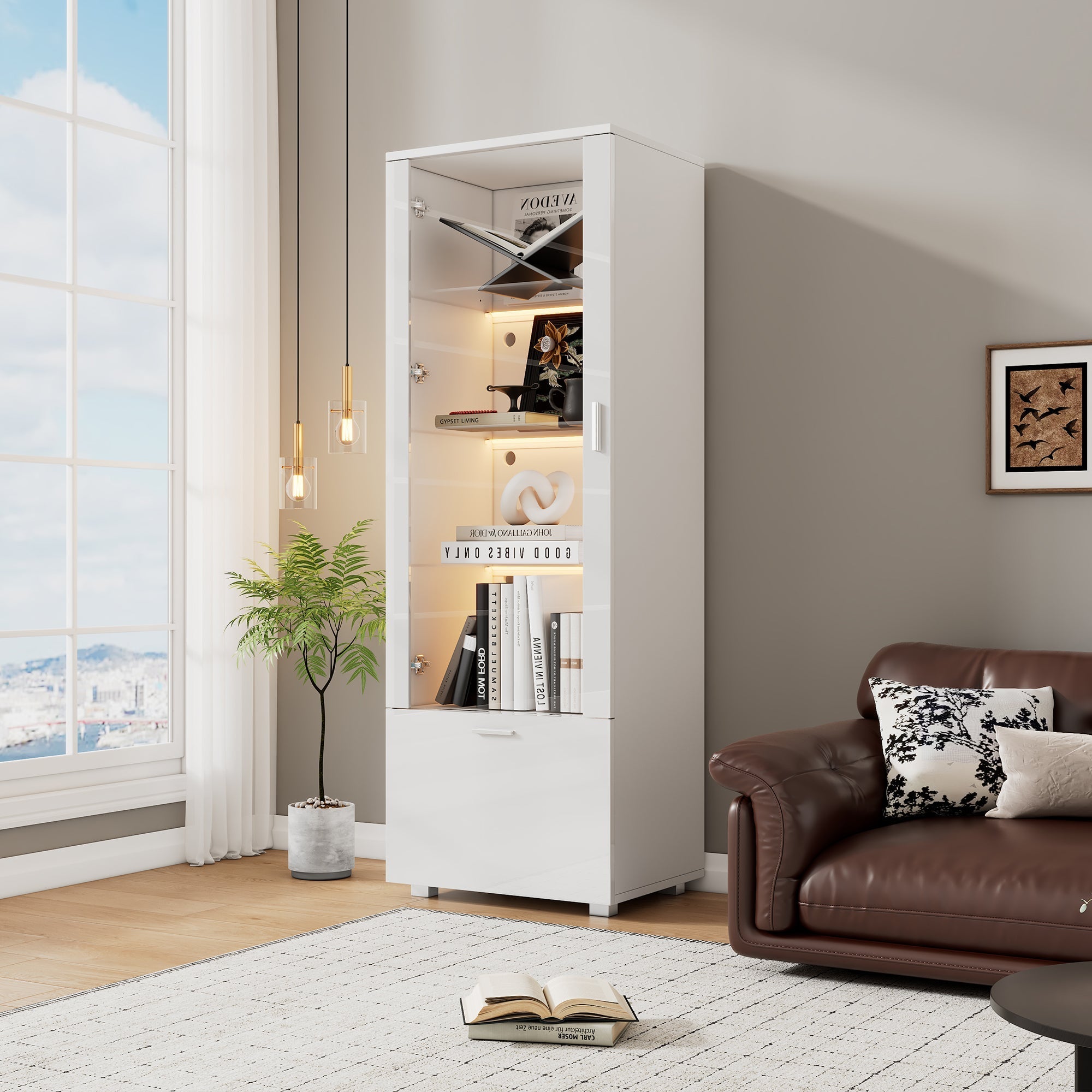 Display Cabinet with LED Lighting and Acrylic Doors, White High Gloss