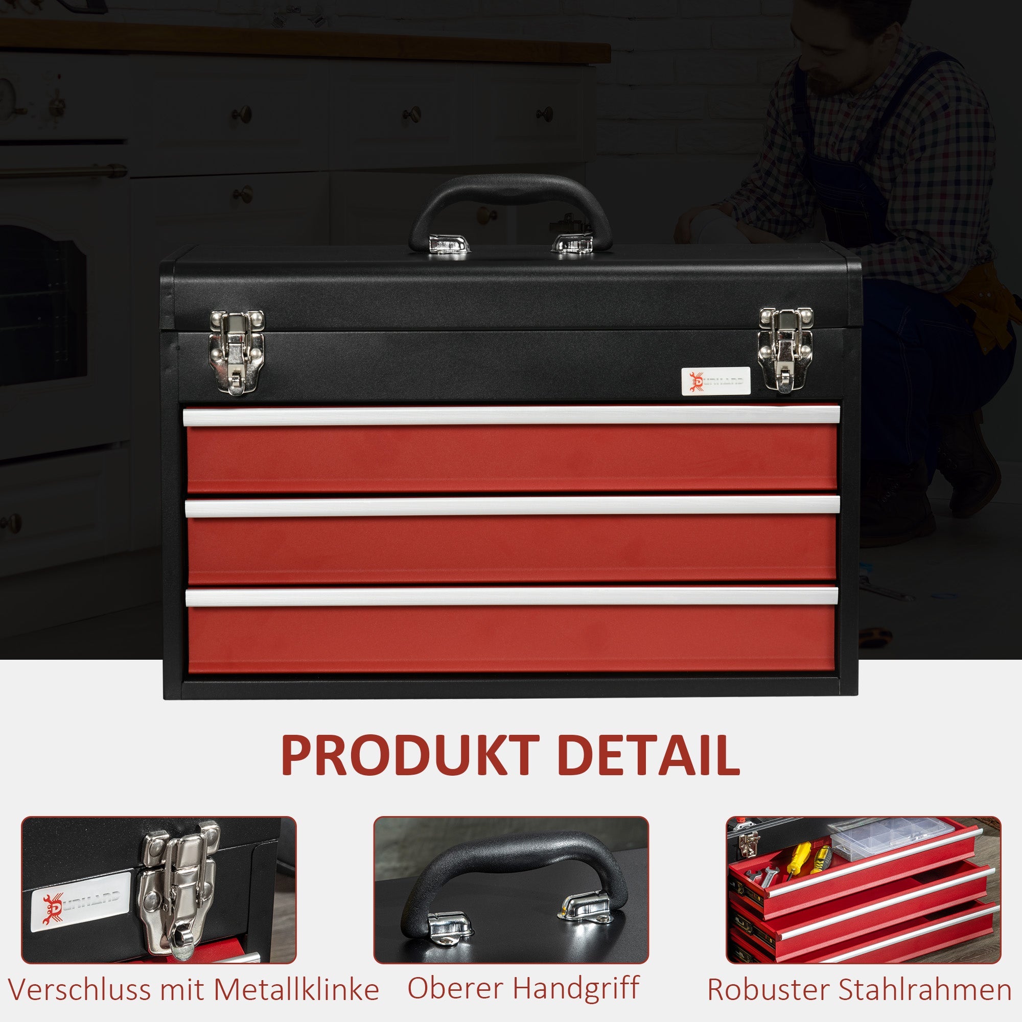DURHAND tool case, practical tool box 3 drawers with handle lock, steel black red