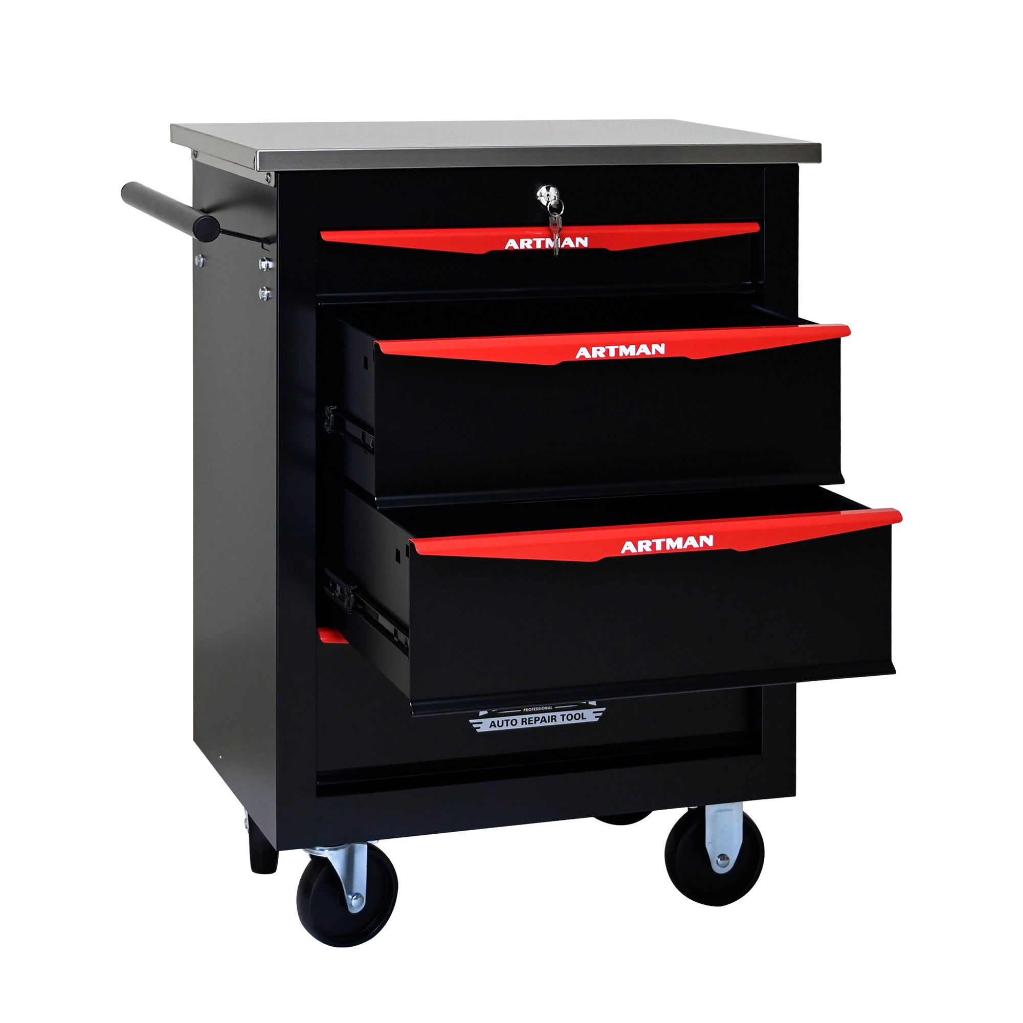 Tool Trolley 4-Drawer Metal Rolling Storage with Stainless Steel Roof Black & Red