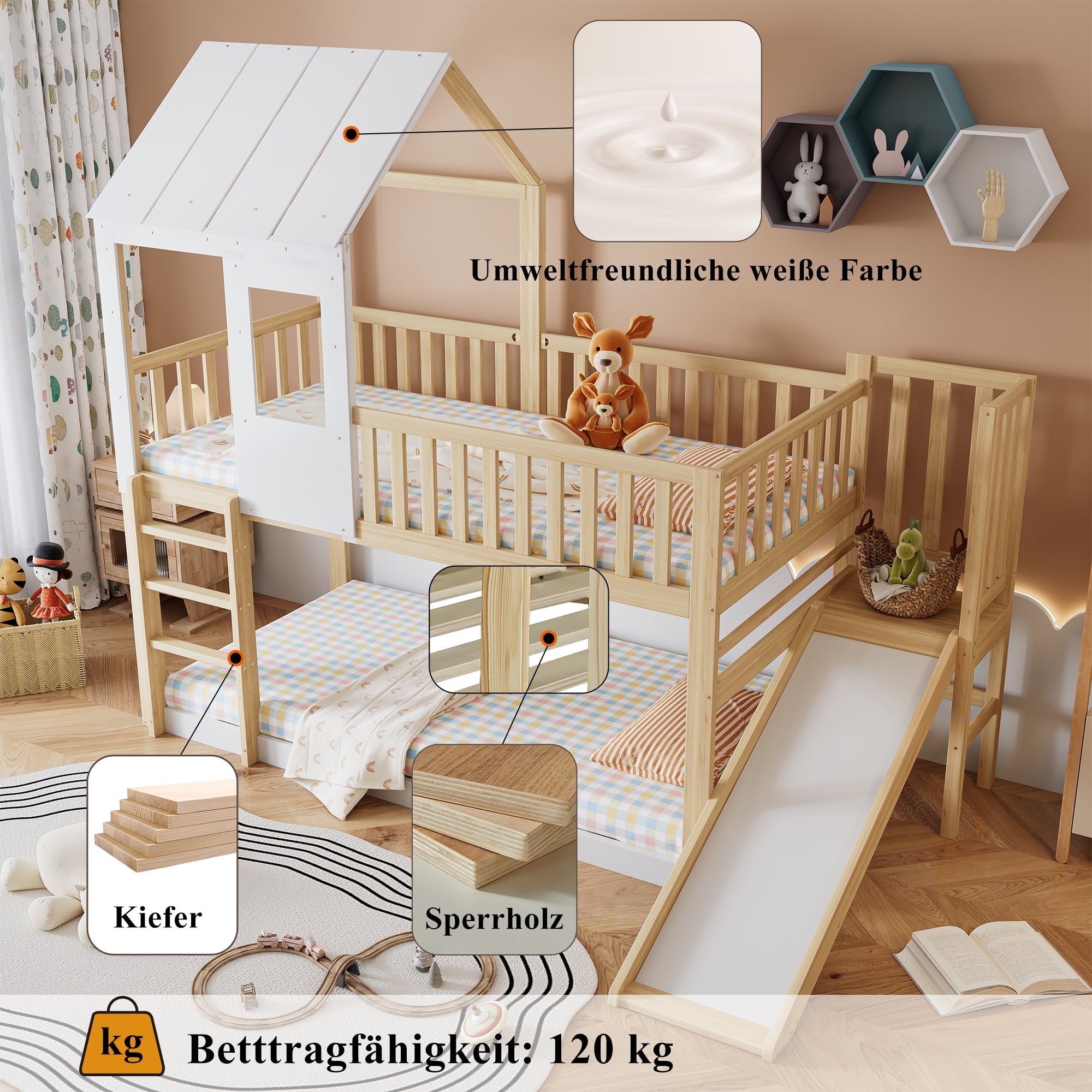 Bunk Bed with Ladder, Slide, Roof & Window, Pine Wood, Natural + White