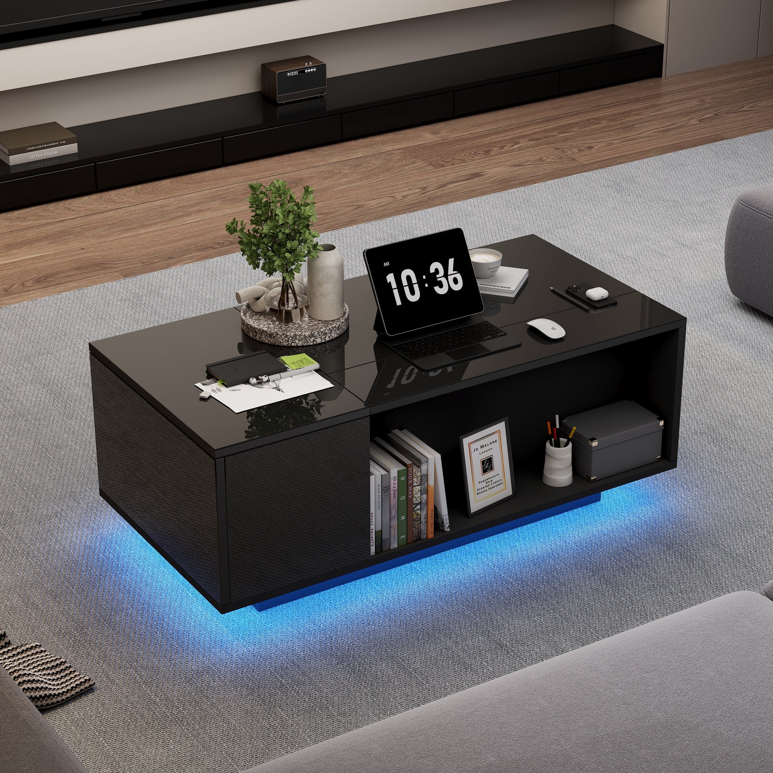 Coffee Table, Height-Adjustable with Hidden Storage & LED Light, Black