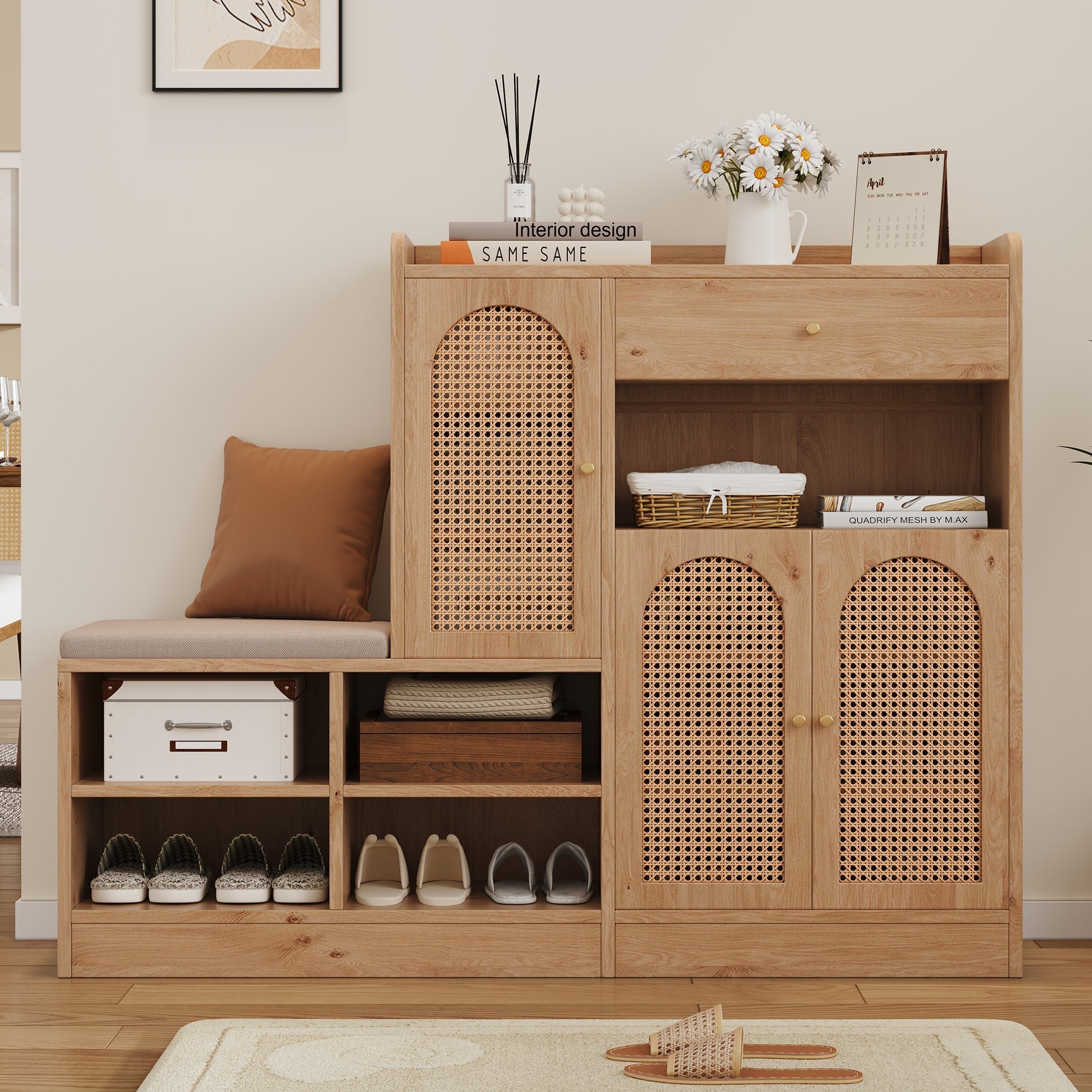 Shoe Cabinet with Upholstered Bench, 3 Rattan Doors and 1 Drawer, Wood Look
