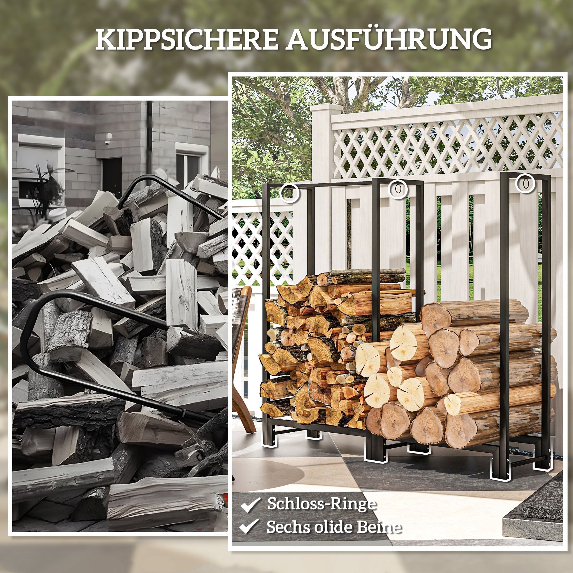 Firewood Rack with Two Sections, Three Hooks, 200 kg Load Capacity, Steel, Black