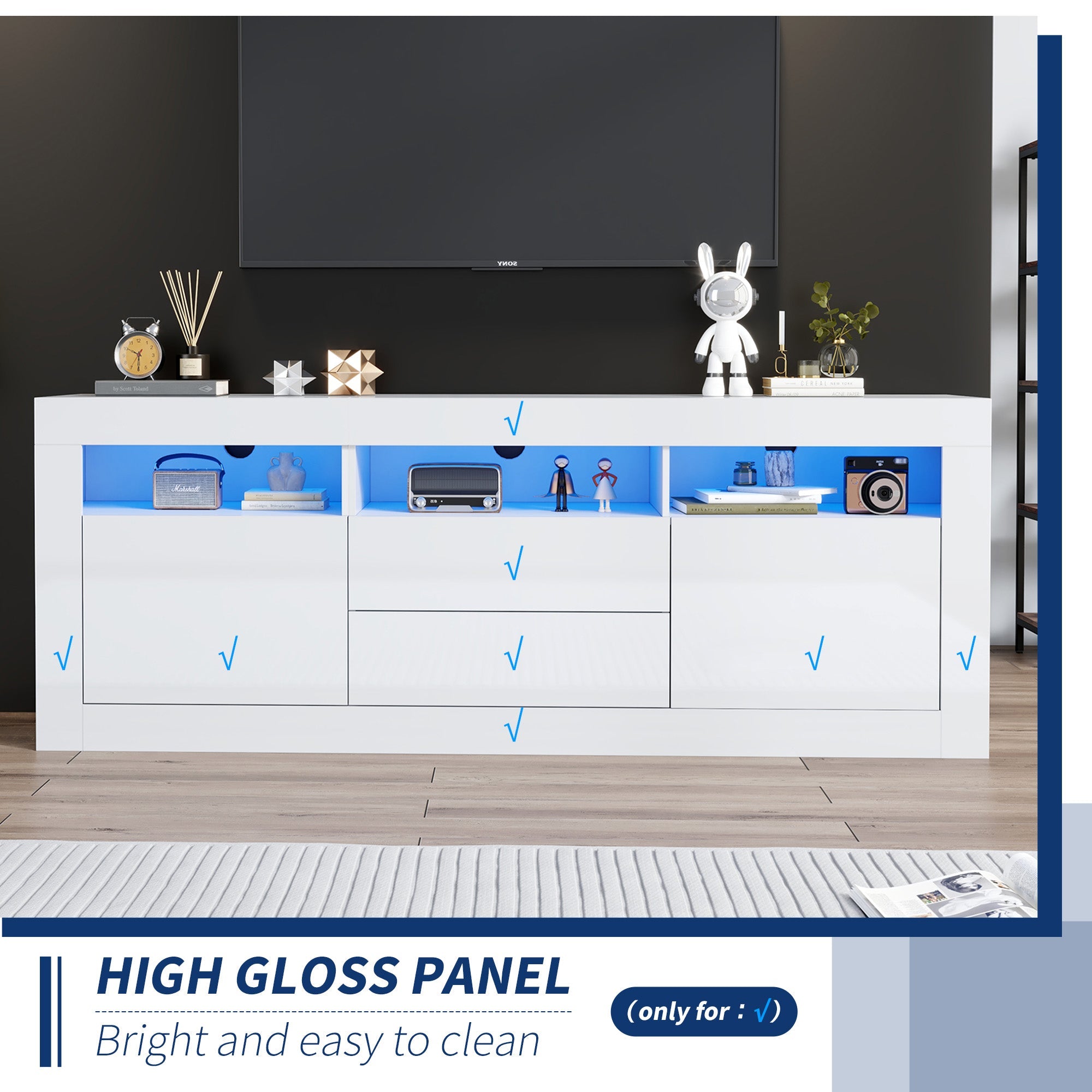 TV Cabinet, 160x35x60cm LED Lit, 3 Open, 2 Doors, 2 Drawers, Smart App Control, High Gloss