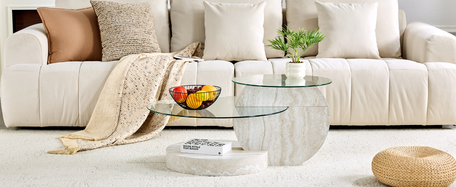 Modern Minimalist Coffee Table, Double-Layered Safety Glass and Multi-Tiered Design, Walnut Wood Grain Finish
