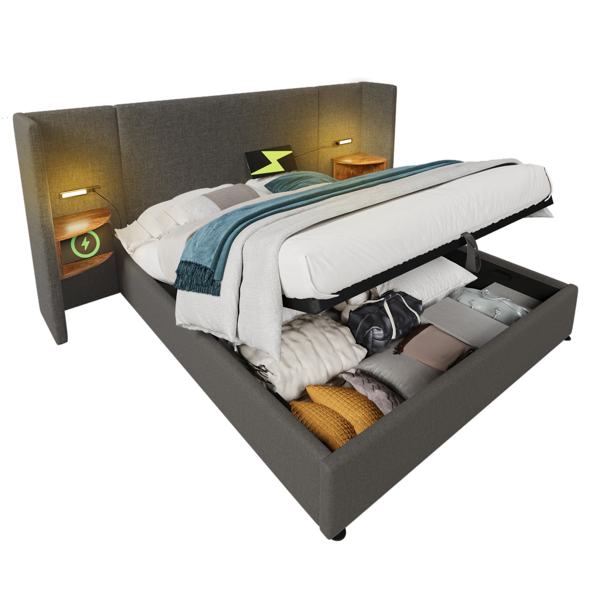Upholstered Double Bed 180x200 with Bedside Table, Reading Lamp, USB-C Charging, Storage Frame, Solid Wood & Metal, Gray Linen