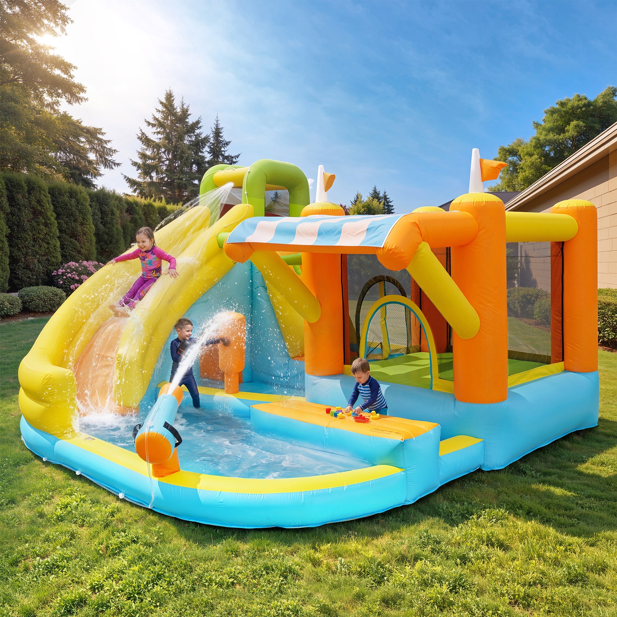 Inflatable Bouncy Castle Water Park with Slide, Pool and Blower, 433x375x165cm, Multicolor Outdoor Garden Toy