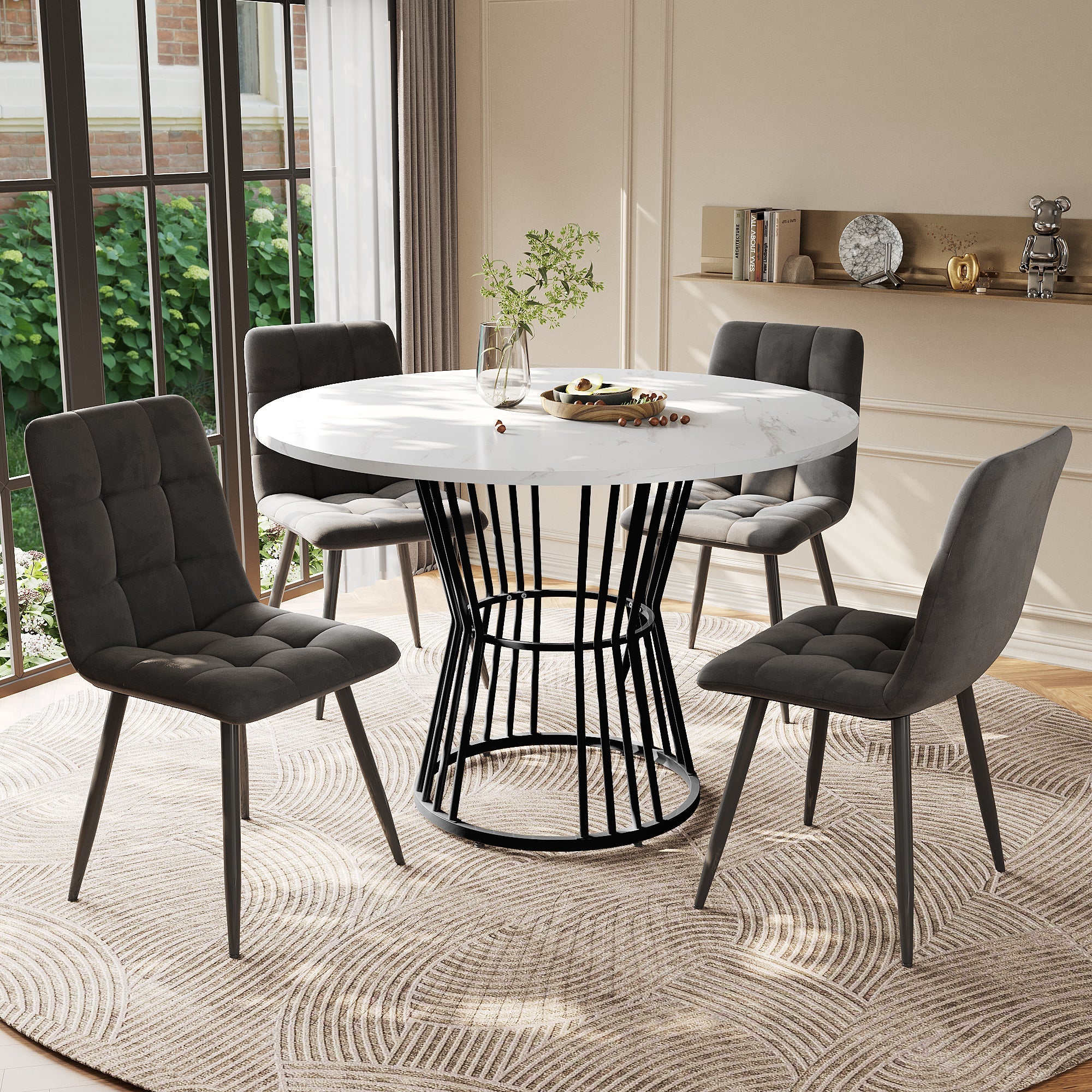 Dining Table Set 5-Piece Round 100cm Black Metal White MDF Dark Grey Velvet