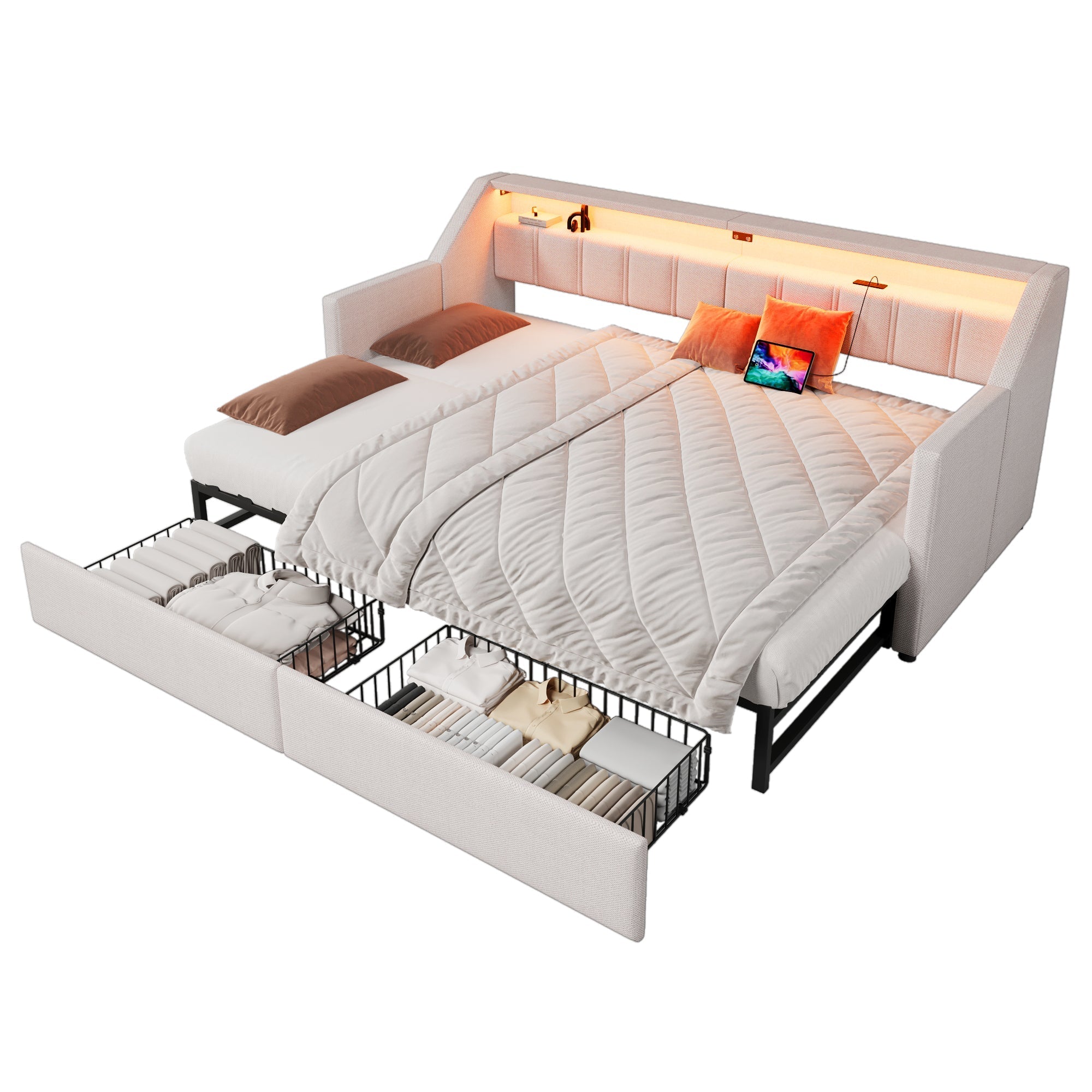 Daybed Sofa Bed 90x200cm Pull-out Bed LED USB/Type-C 2 Drawers Storage - Beige