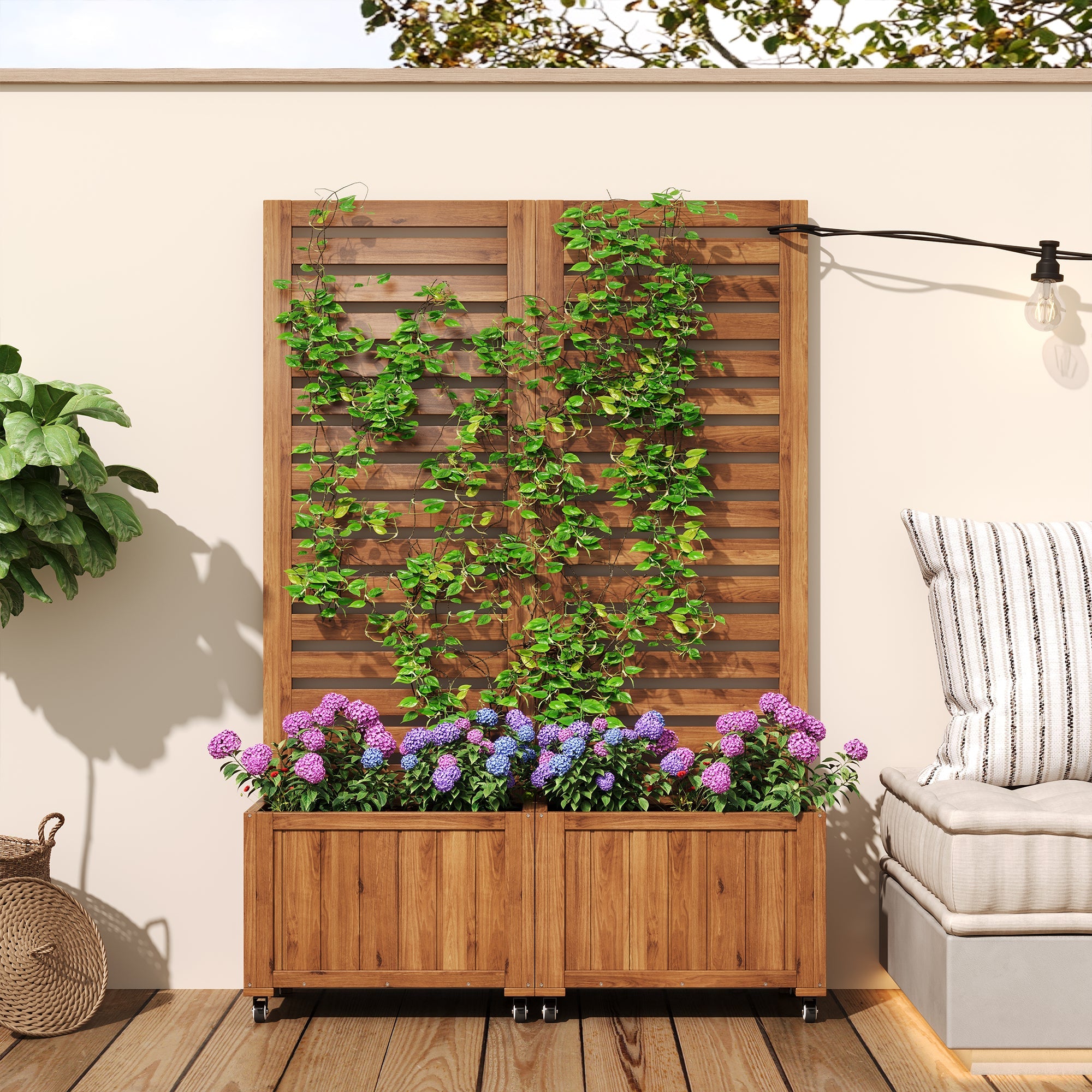 Planter Box with Trellis & Folding Wheels - Brown Solid Wood