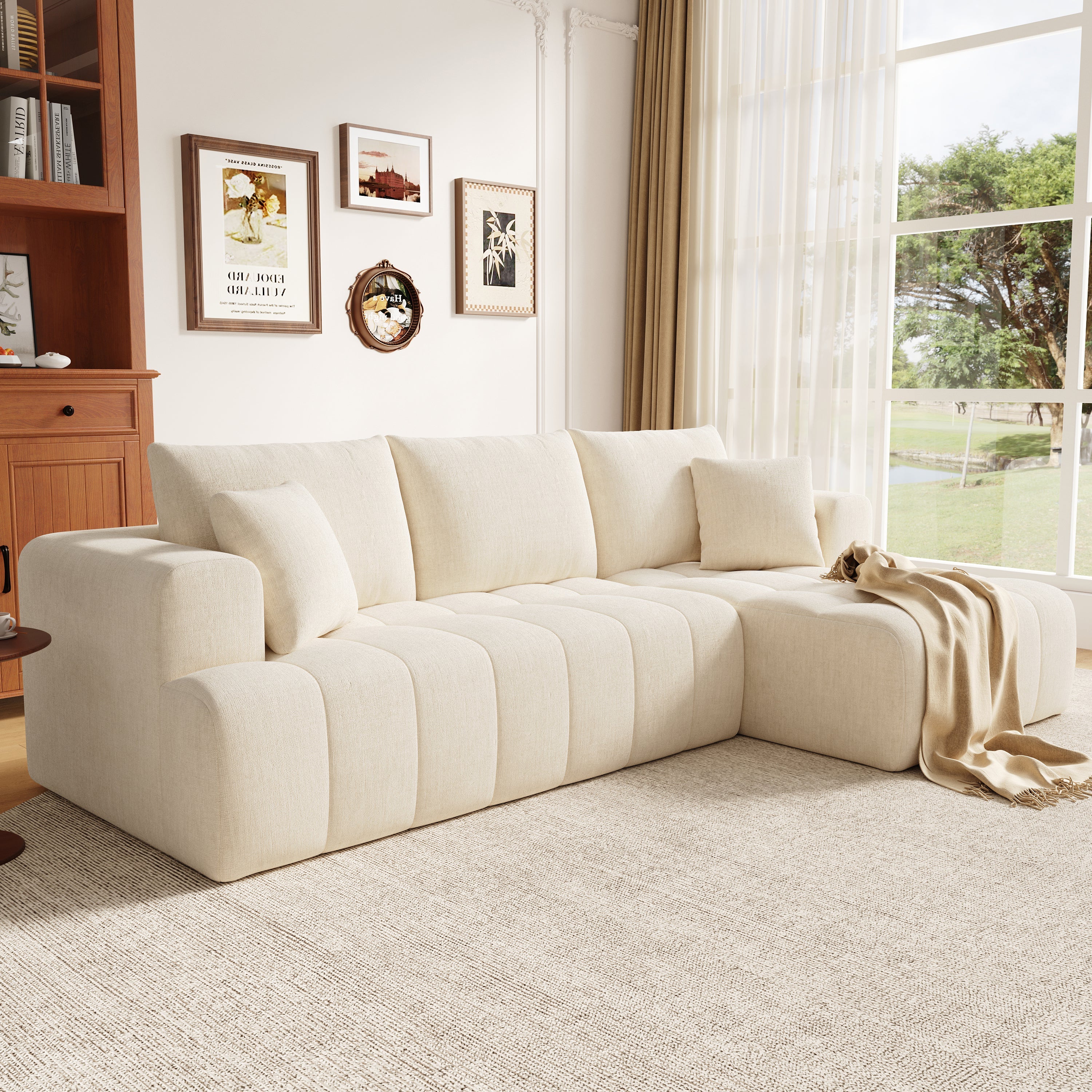 Cloud Modular L-Shaped Corner Sofa with Low-Profile Design, Beige Chenille