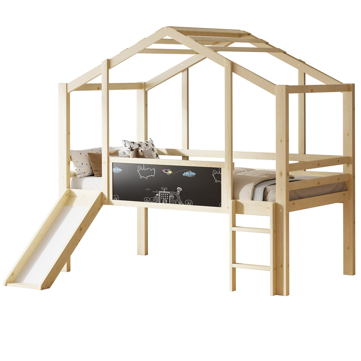 Children's Bed 90x200cm Attic Design Slide Graffiti Board Solid Wood/Wood Color
