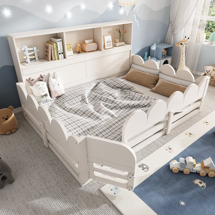 Children's Floor Bed with Fall Protection, Door, Slatted Base and Shelf, 140x200cm, White Wood
