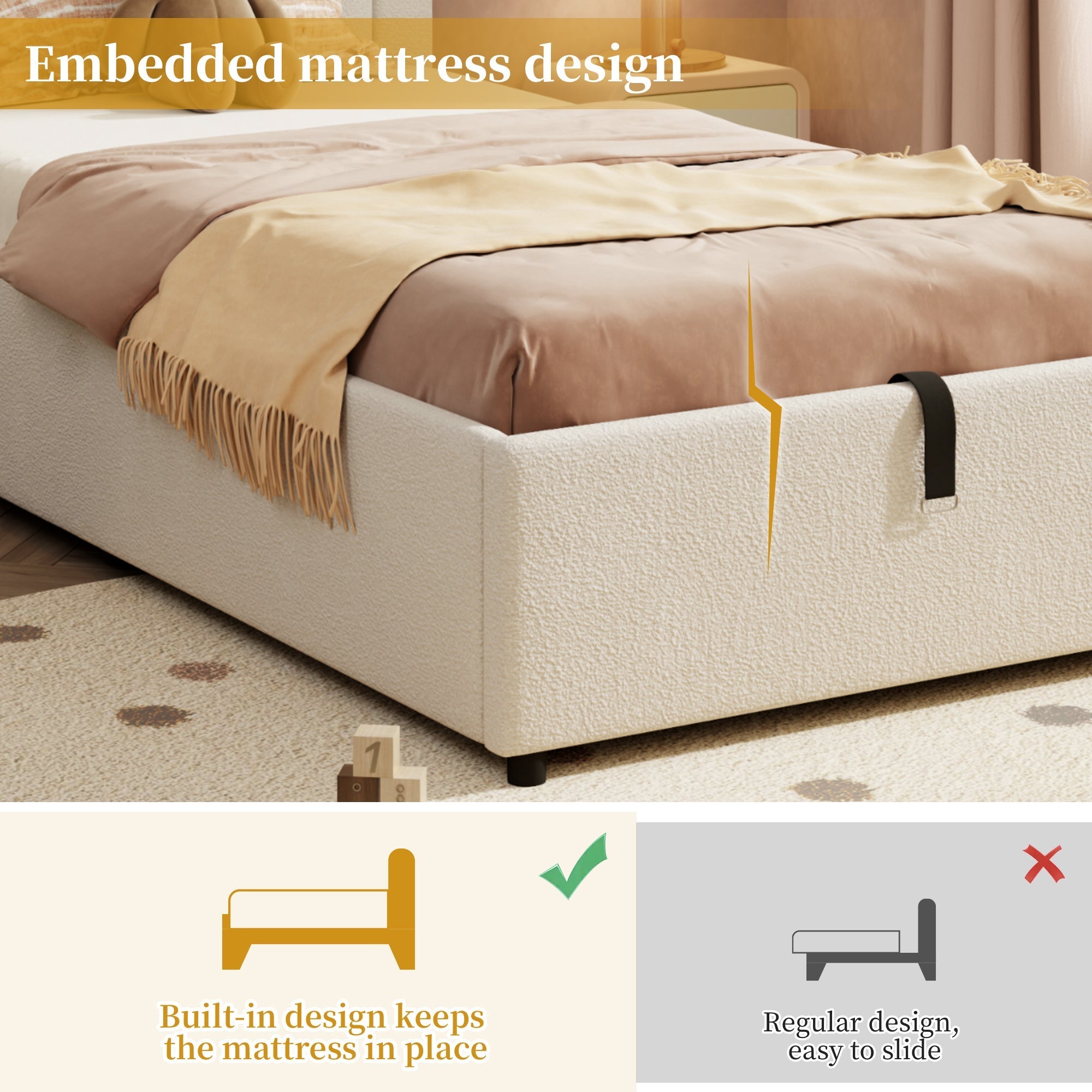 Upholstered Single Bed with Slatted Frame and Headboard, Boucle Beige