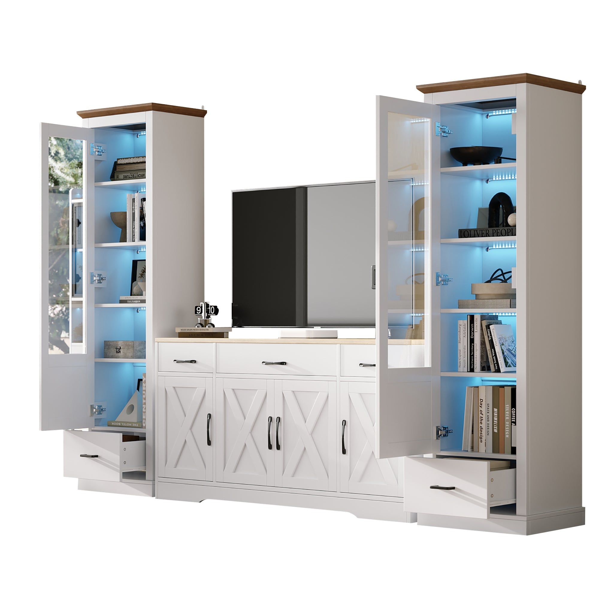 Living Room Set Combo, LED Display Cabinets and Multifunctional Sideboard, Matte White