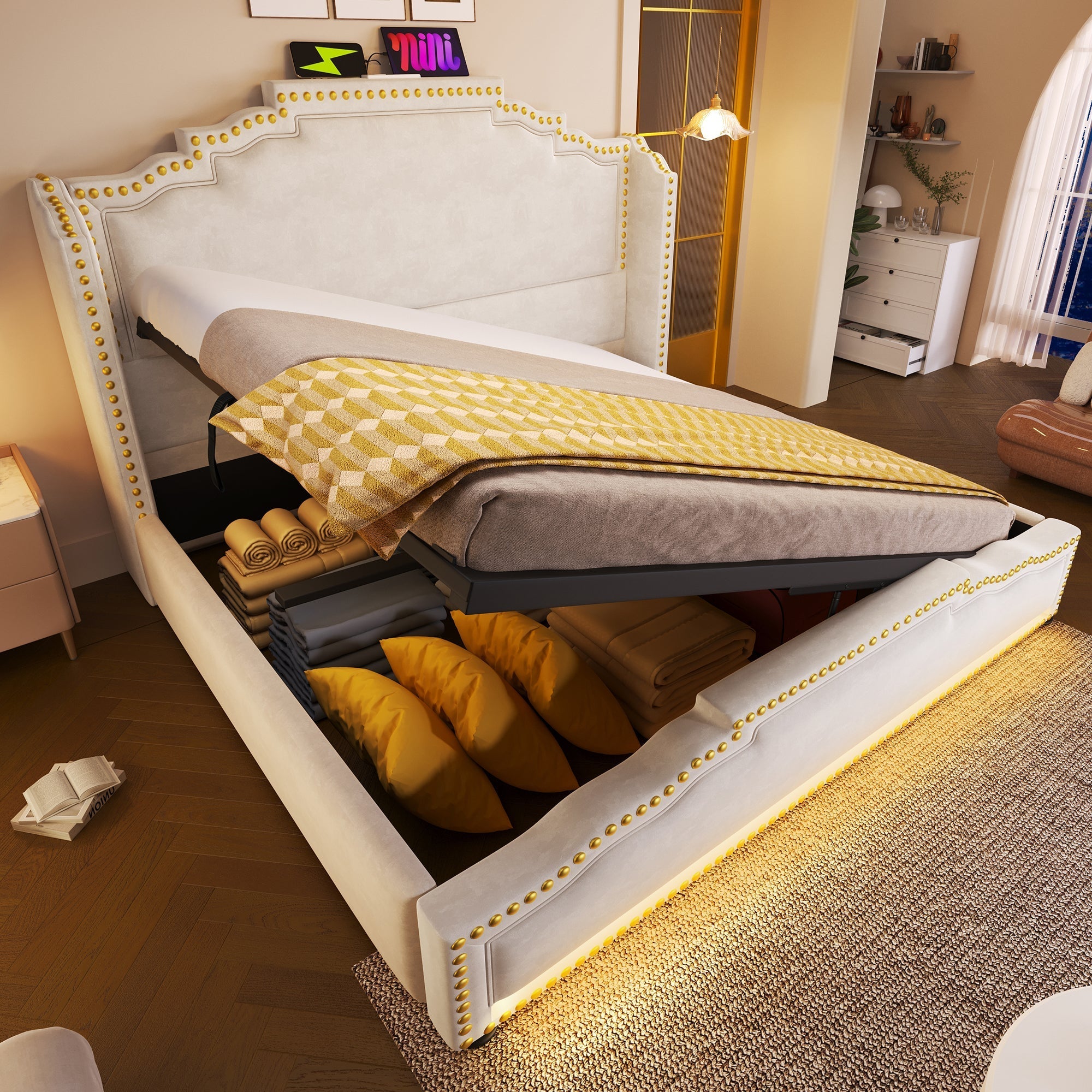 Upholstered Bed 160x200, Hydraulic Storage, LED, USB-C, Velvet Beige