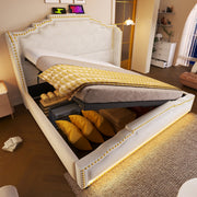 Upholstered Bed 140x200, Hydraulic Storage, LED, USB-C, Velvet Beige