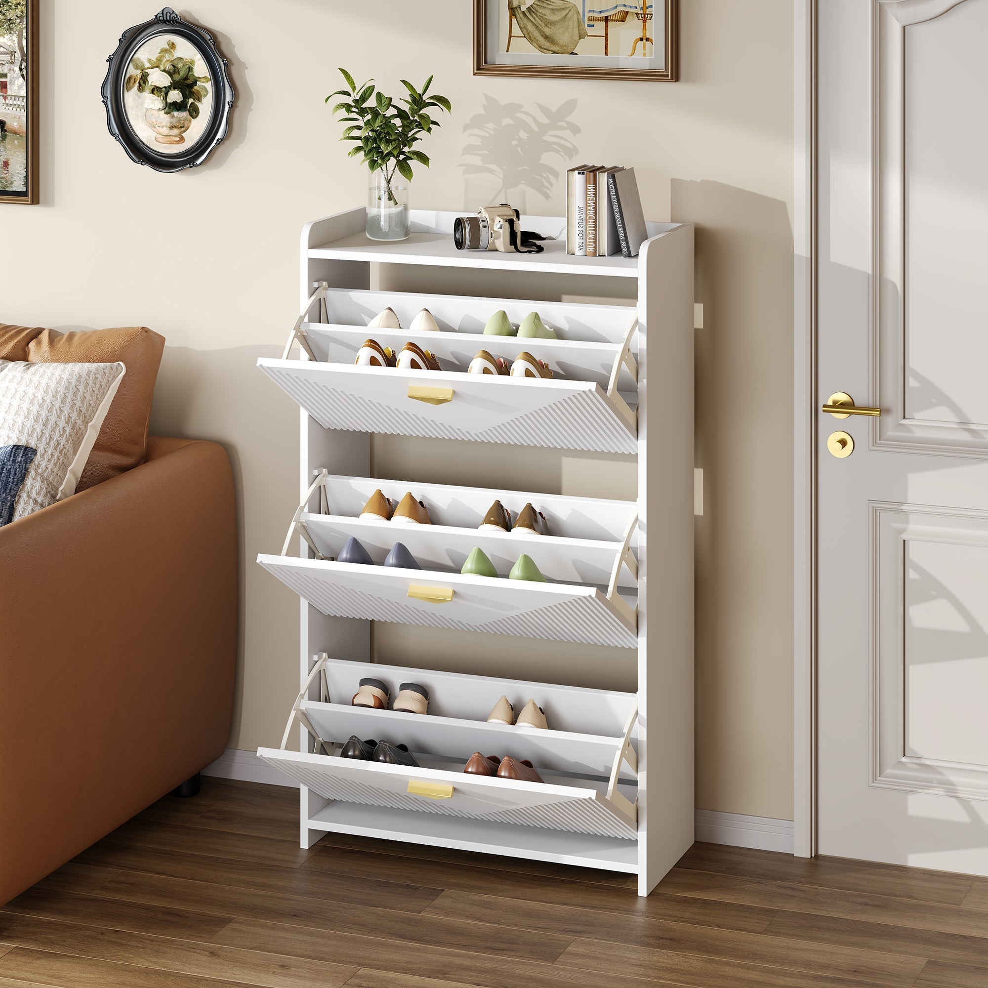 Shoe Cabinet 70x30x120cm 3 Drop-Down Doors Adjustable Width - White MDF