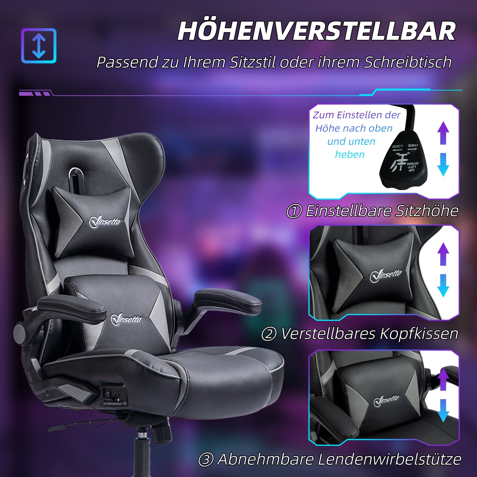 Gaming Chair, Ergonomic Rocking Swivel with Speakers, 120kg Capacity, Black/Grey