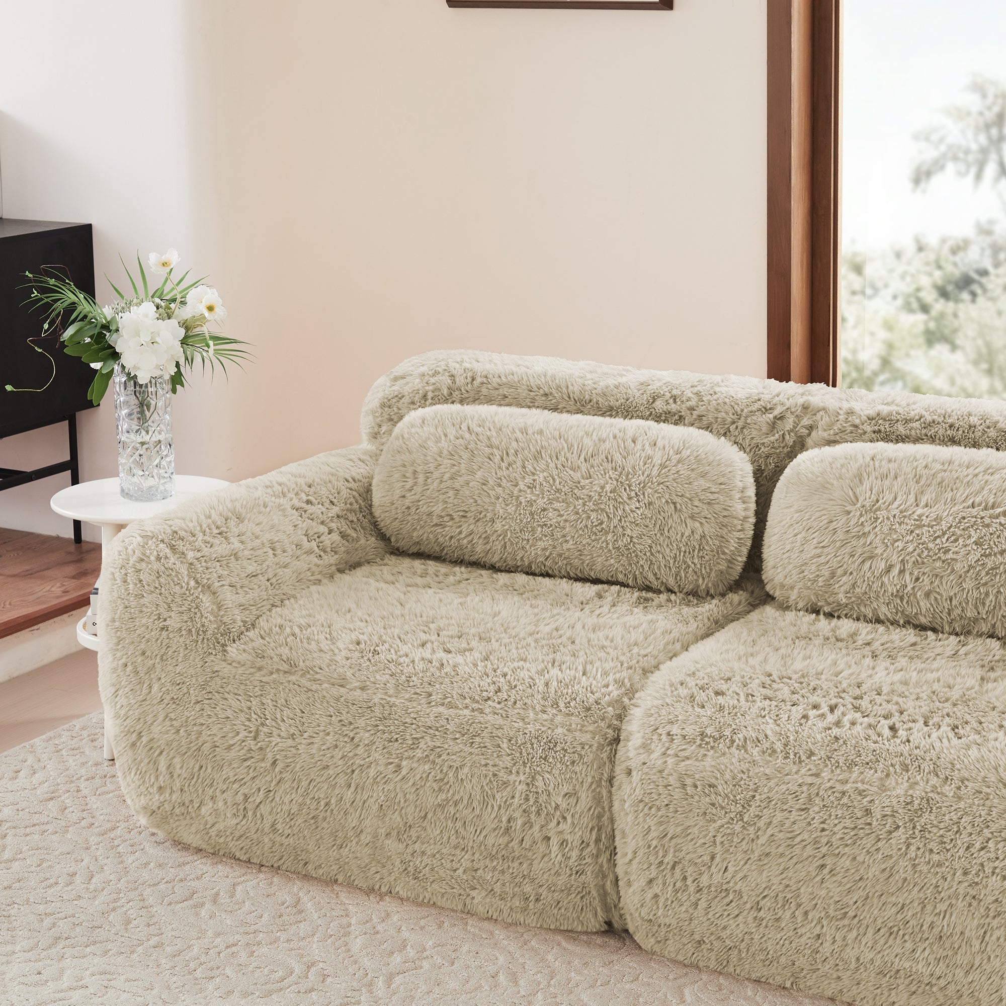 L-shaped Modular Sofa Plush Fabric Deep Frameless - Light Khaki