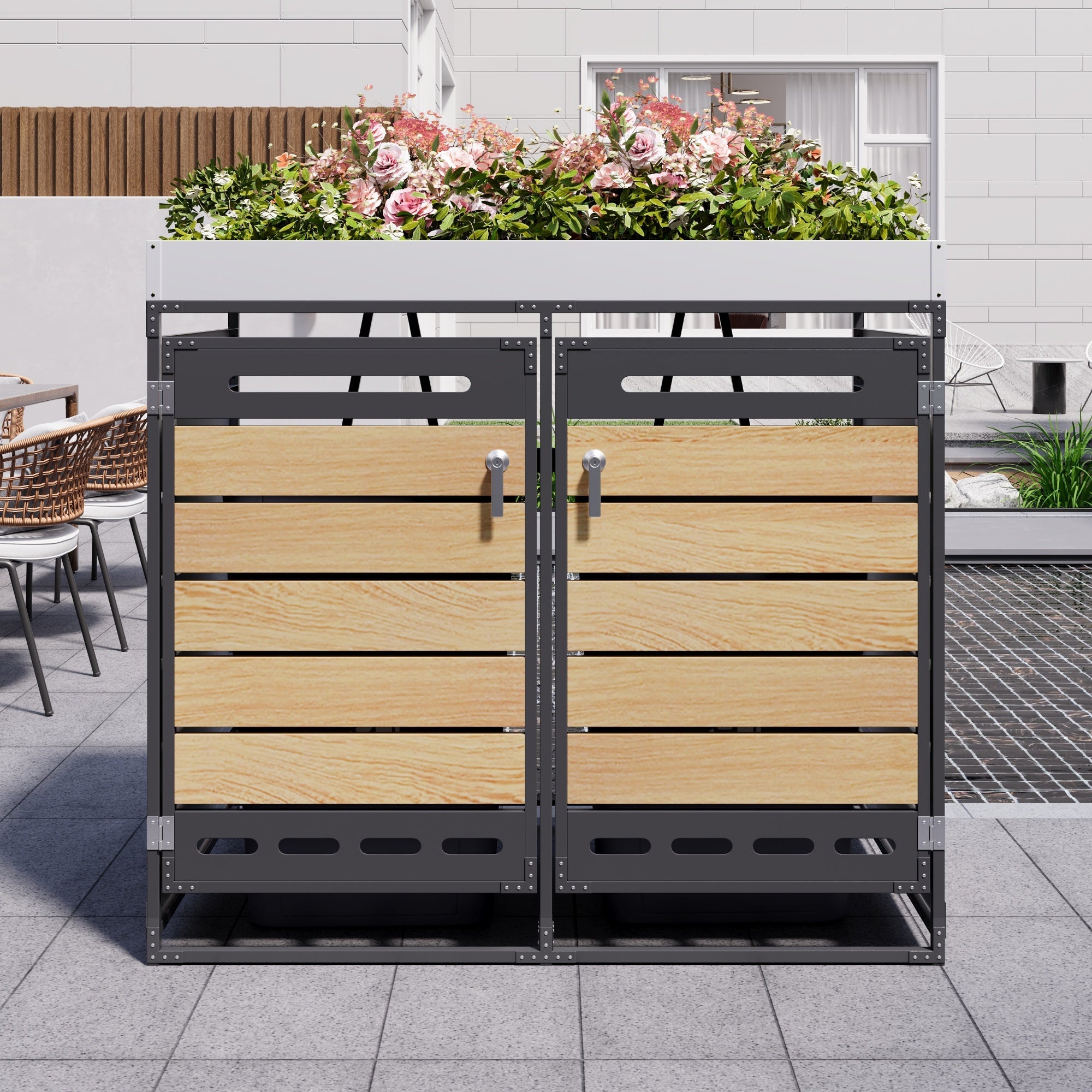 Garden Bin Storage with Planter Box, Slotted Ventilation and Lockable Door, Iron with Wood-Look Slats