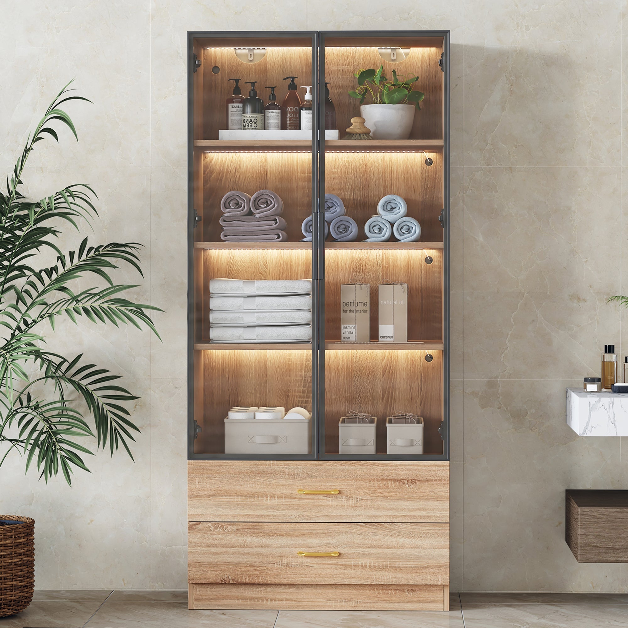 Bathroom Cabinet Medium 75cm Light Strip 2 Drawers Glass Door