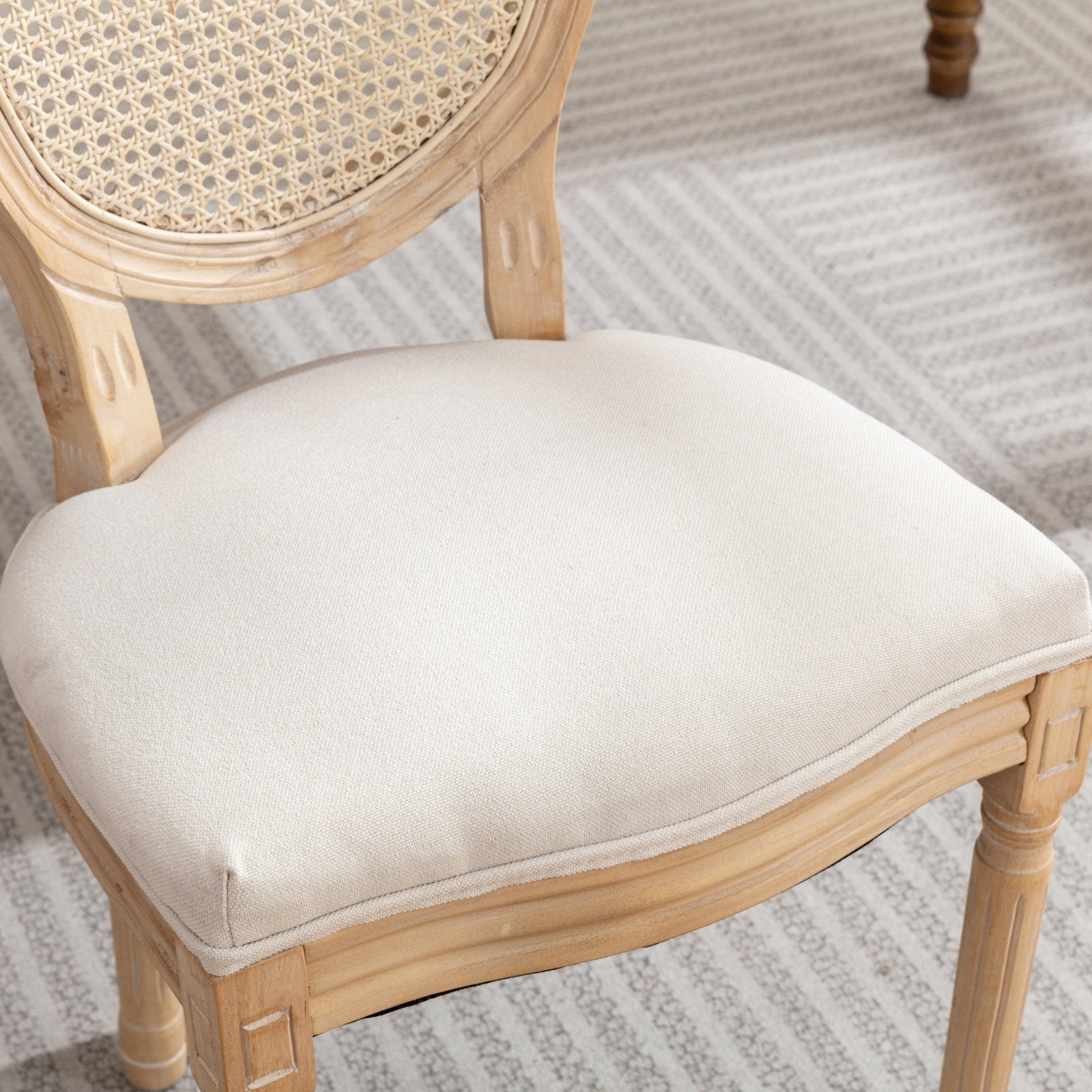 French Style Dining Chair Solid Wood Rattan Back Linen Set of 2 - Cream Beige