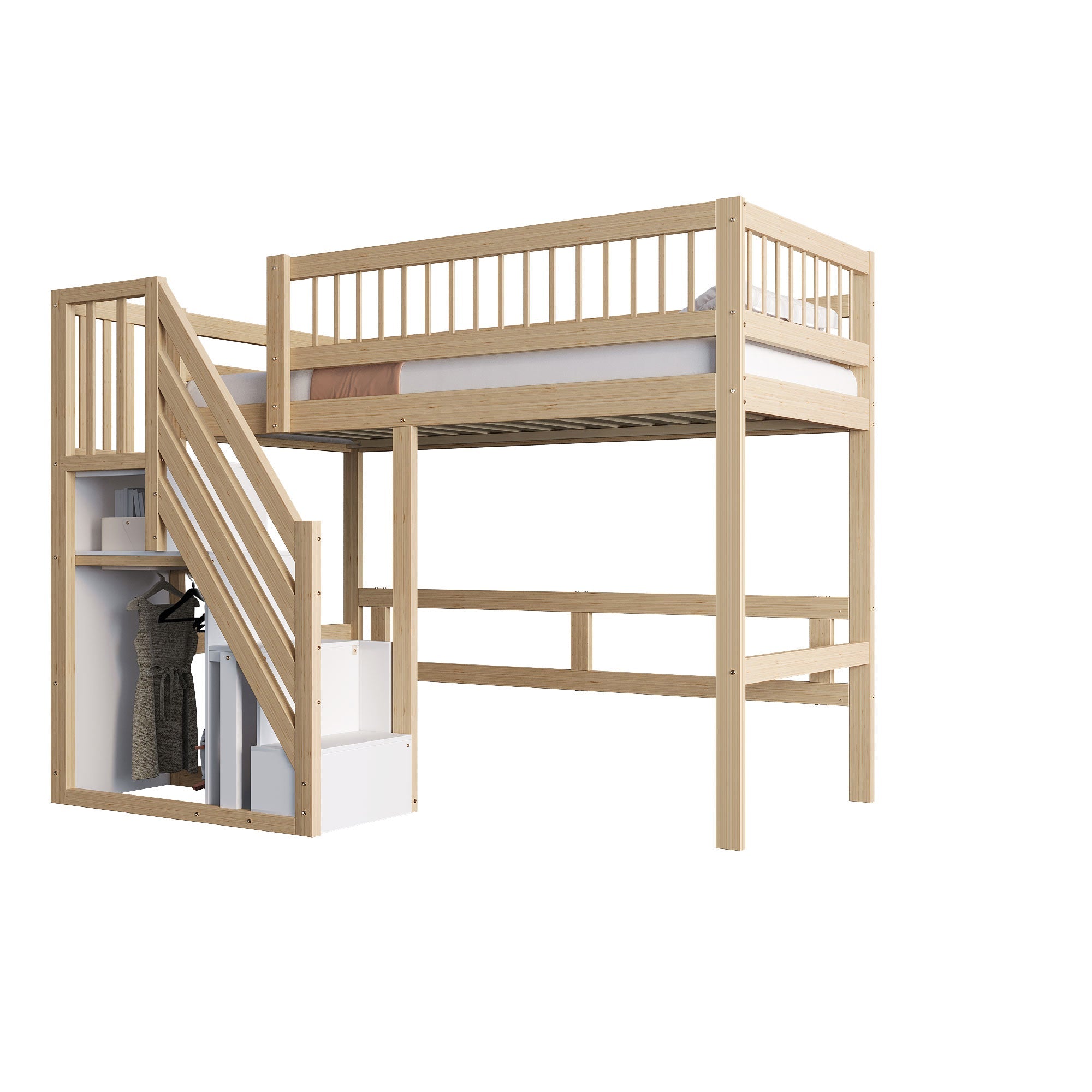 Solid Wood Bed, 90x200, Storage Stairs, High Version, Wood Color