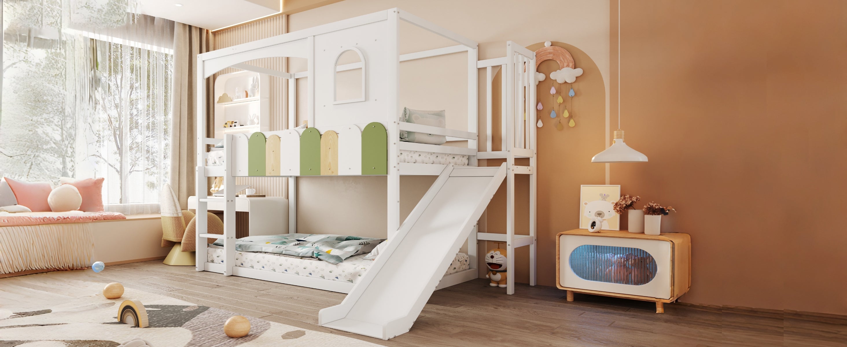 Children's House Loft Bed 90x200cm with Slide Safety Ladder White