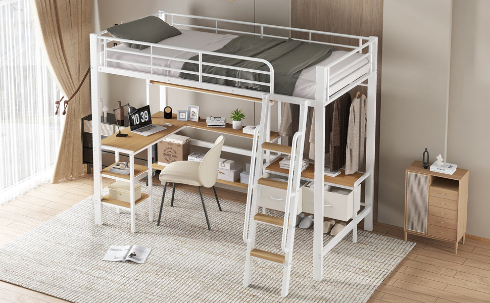 Loft Bed with Desk, Storage, Slanted Staircase, 90x200cm, Iron/MDF White/Natural