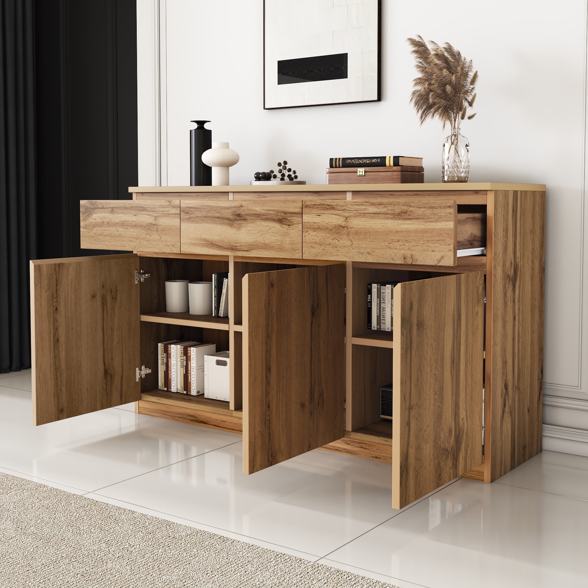 Multifunctional Sideboard 3 Doors 3 Drawers 135x40x81cm - Authentic Wood Look