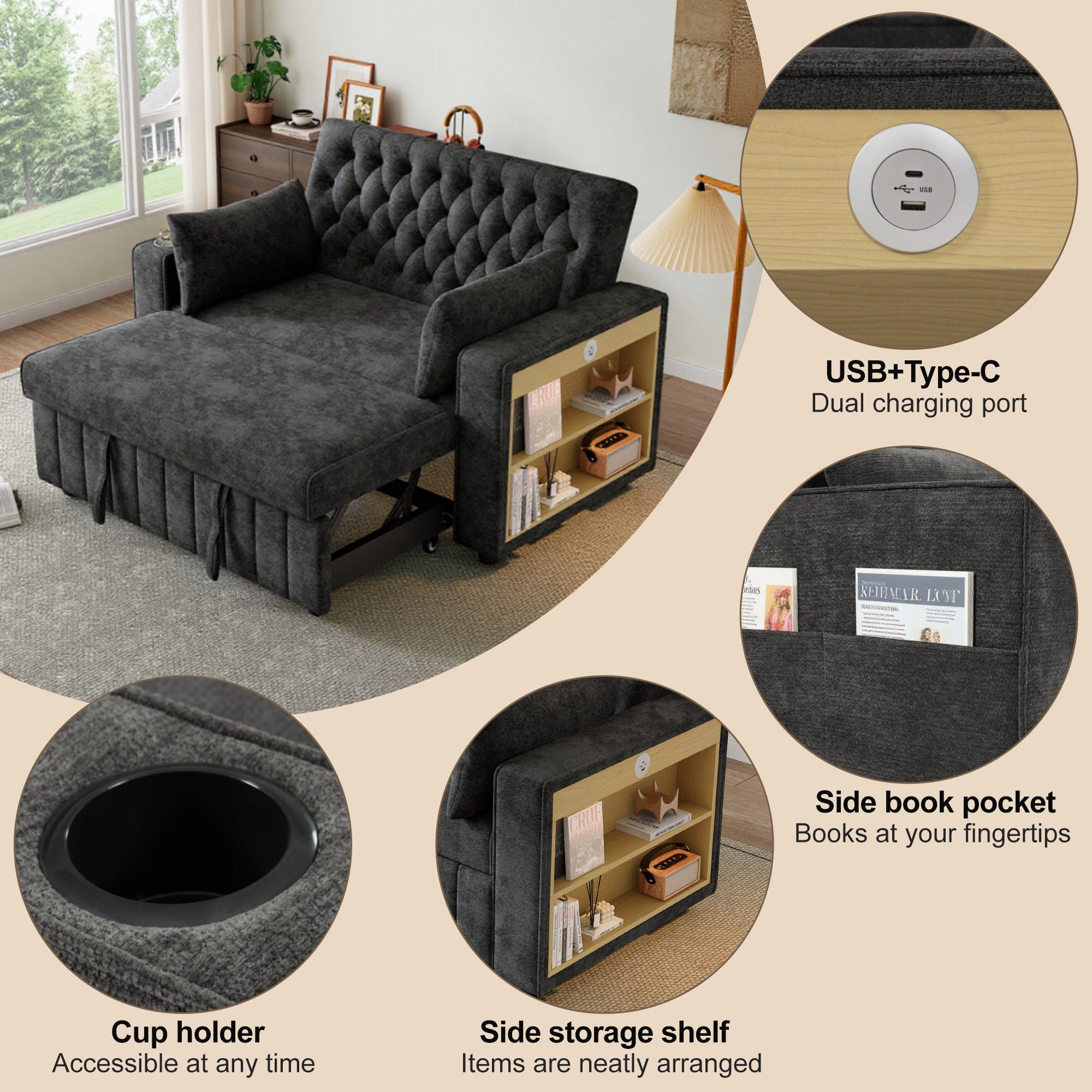 Sofa Bed, Folding with Storage, Cup Holder, USB, Gray
