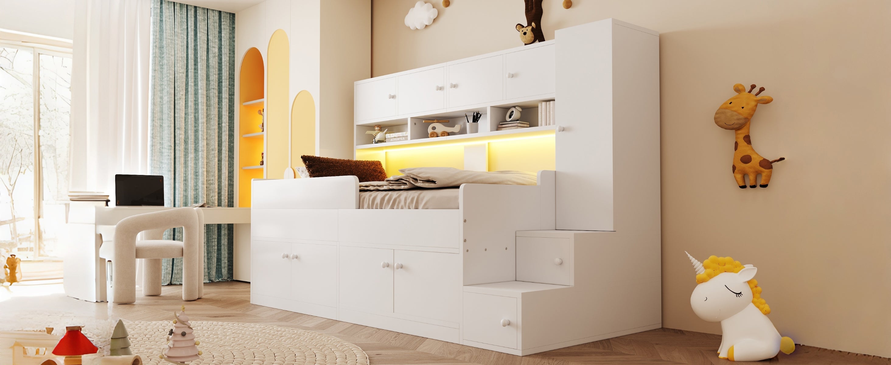 Wooden Children's Bed with Storage, Wardrobe, Ladder and LED Lighting, 90x200cm, White Wood
