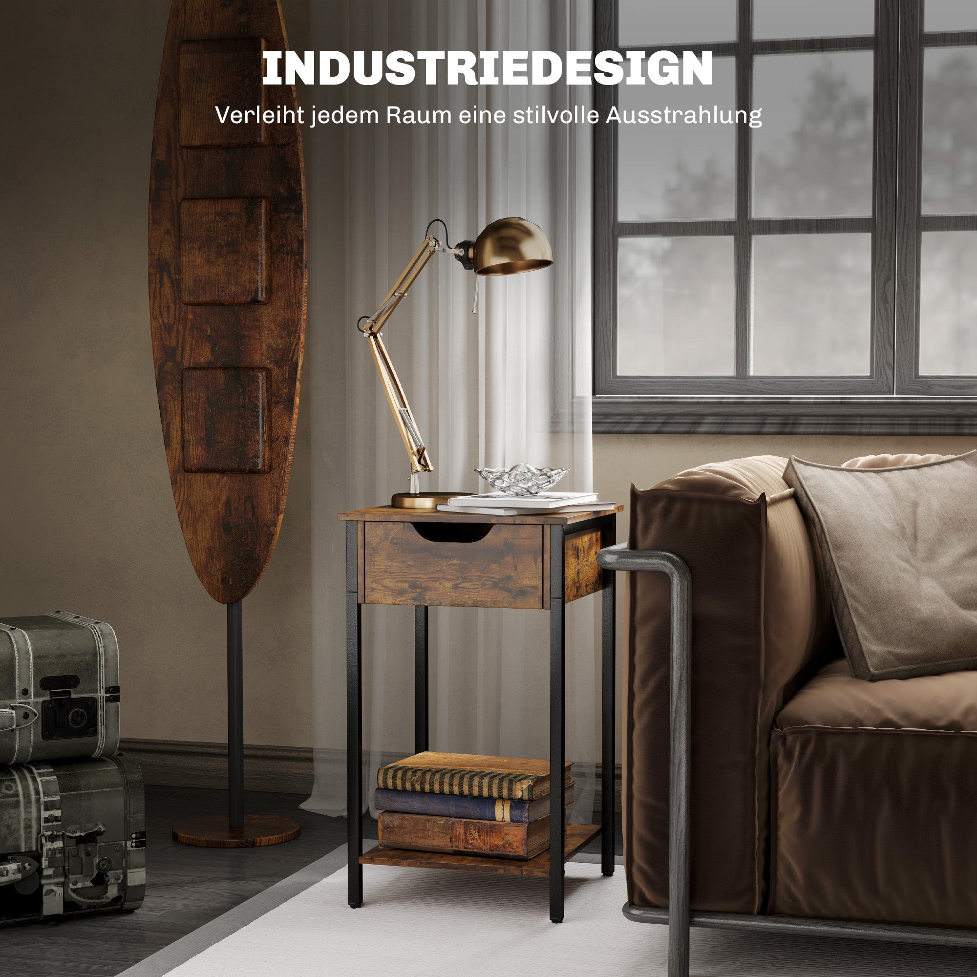 Beistelltisch, Couchtisch im Industrial Design mit Stahlrahmen, Rustikales Braun