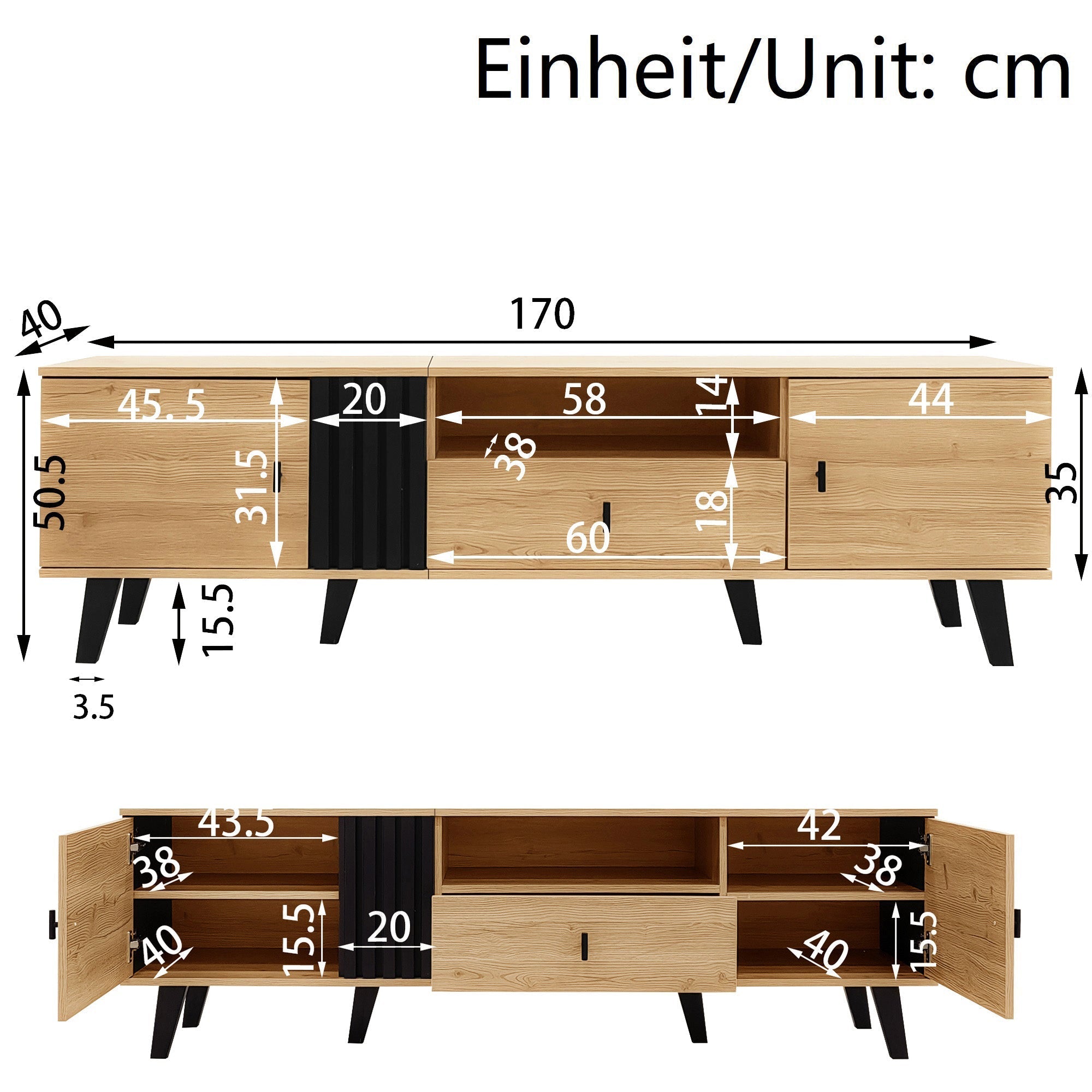 Stylish Elegance TV Cabinet, 170 cm Lowboard with Drawers, Wood and Black