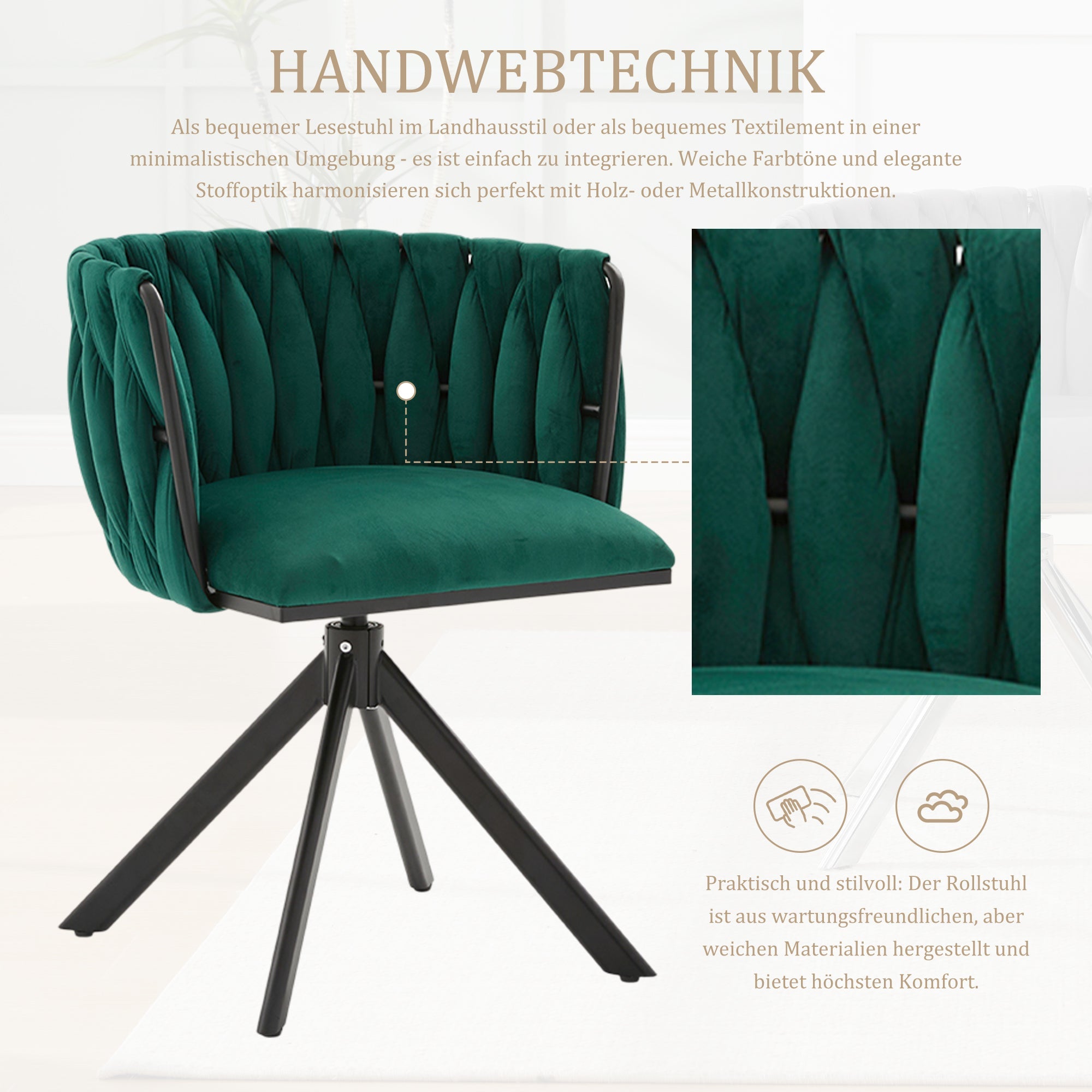 Velour Armchair, Heavy-Duty Metal Frame, 180° Swivel, Ergonomic, Velvety