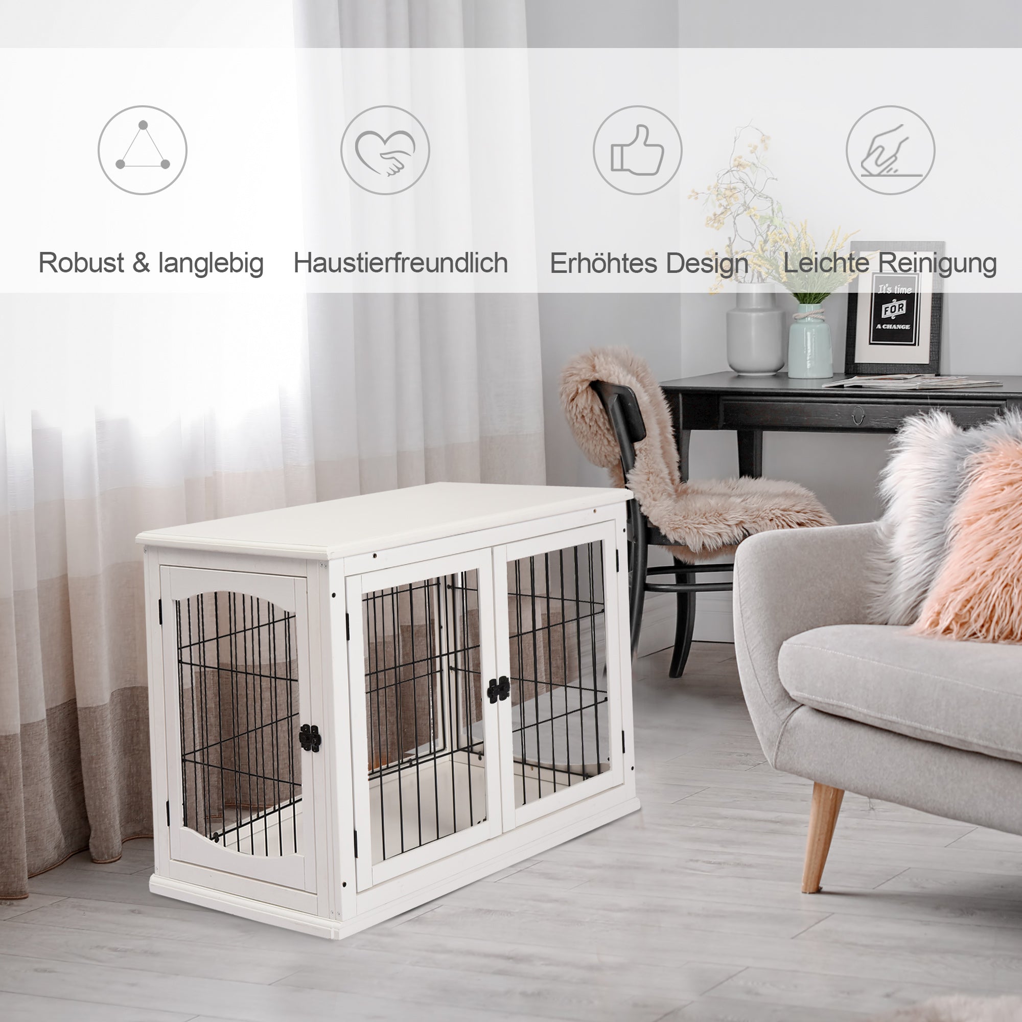 Dog House, Transport Box Small Animal Cage, MDF & Metal in White