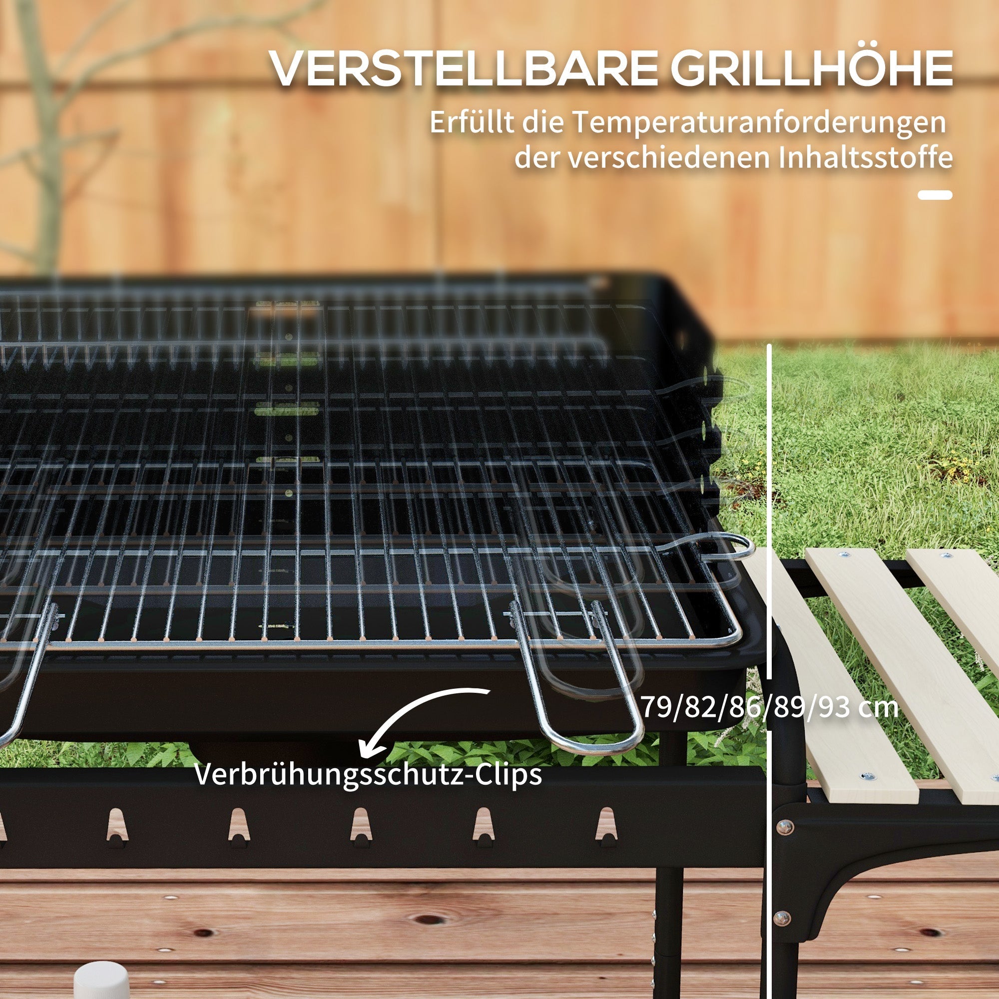 Charcoal Grill BBQ Smoker with Wheels, Adjustable Grate, Wood Shelf, Metal