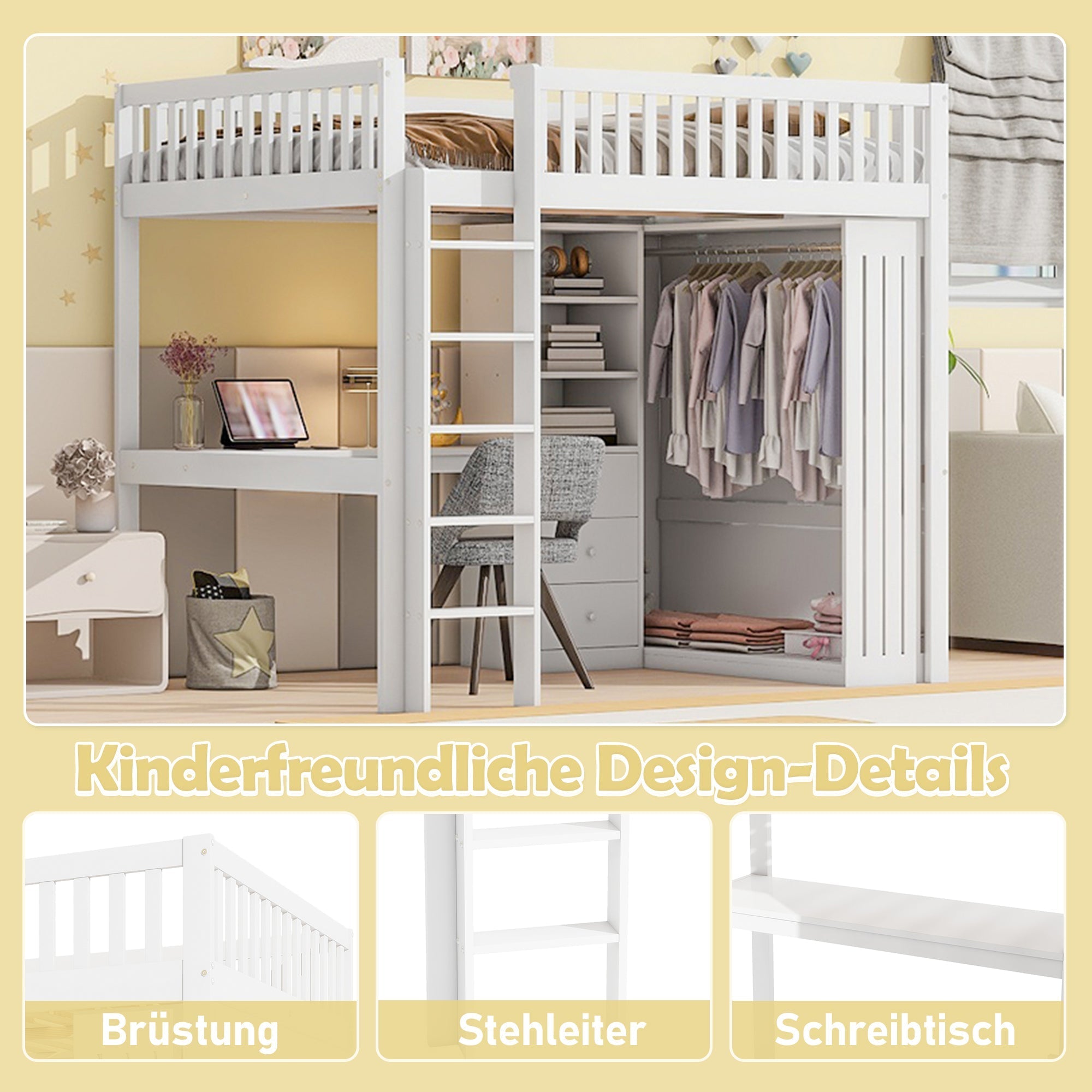 Loft Bed 140x200cm Desk Wardrobe 3 Drawers Storage Stairs - White
