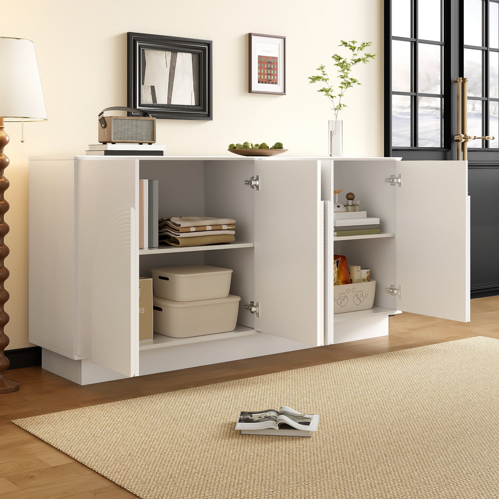 Modern Sideboard with Curved Doors, 4-Door Storage Cabinet for Living Room & Dining Room, White MDF with Matte Finish