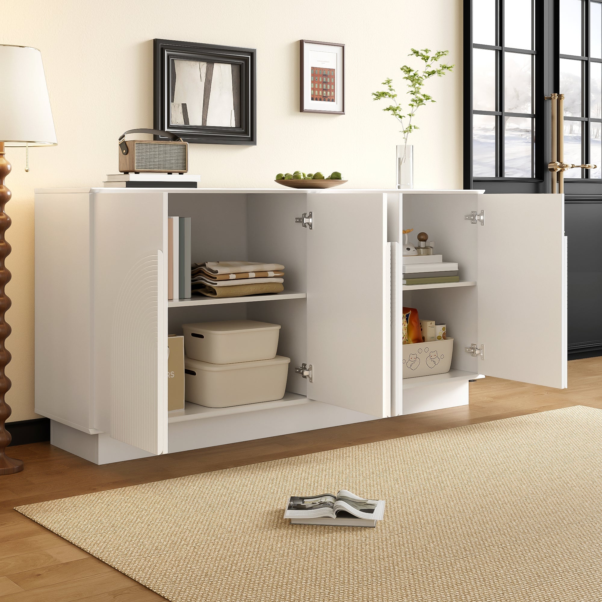 Modern Sideboard with Curved Doors, 4-Door Storage Cabinet for Living Room & Dining Room, White MDF with Matte Finish