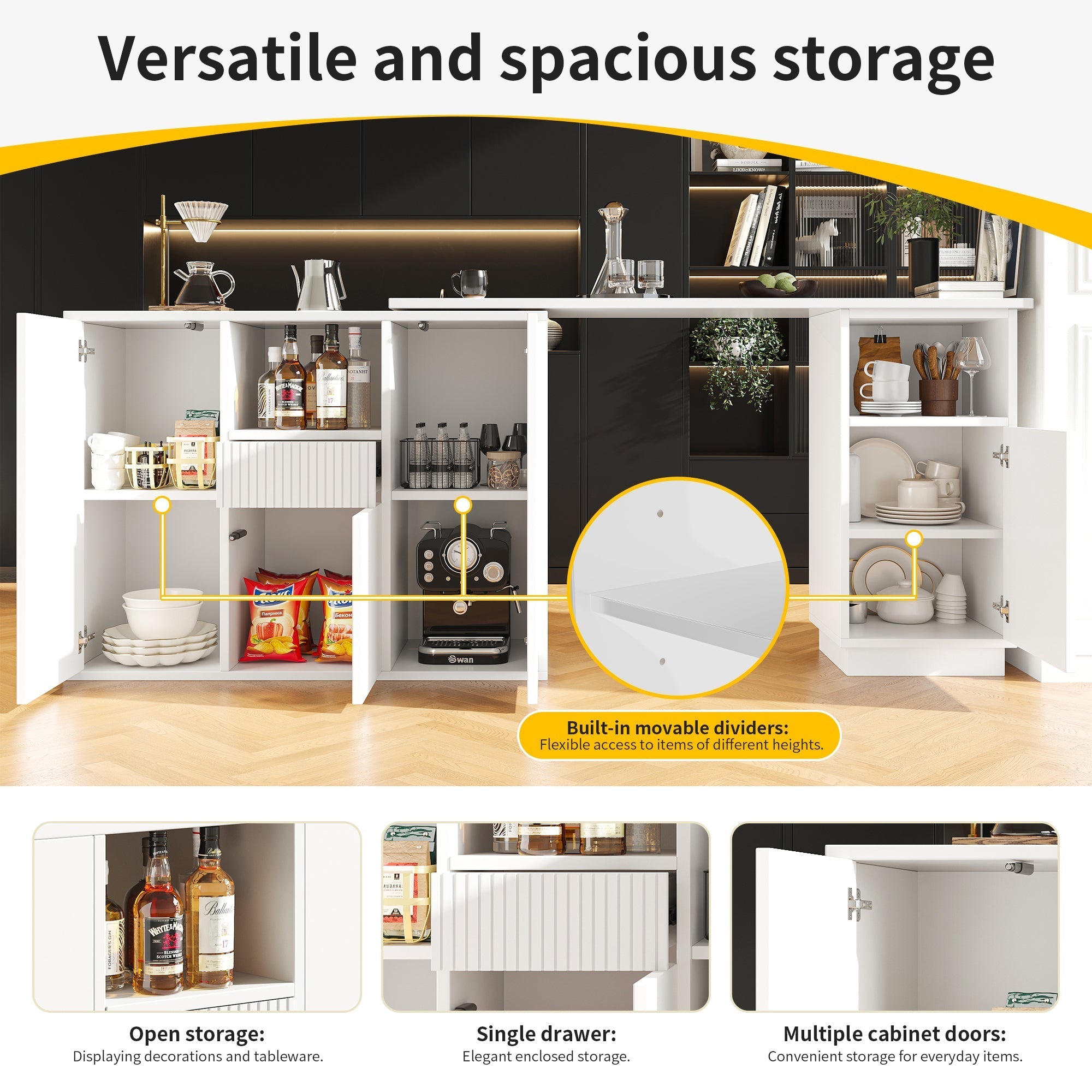 Bar Table, 360° Rotating Multifunctional Storage with Open Space, White Marble Top