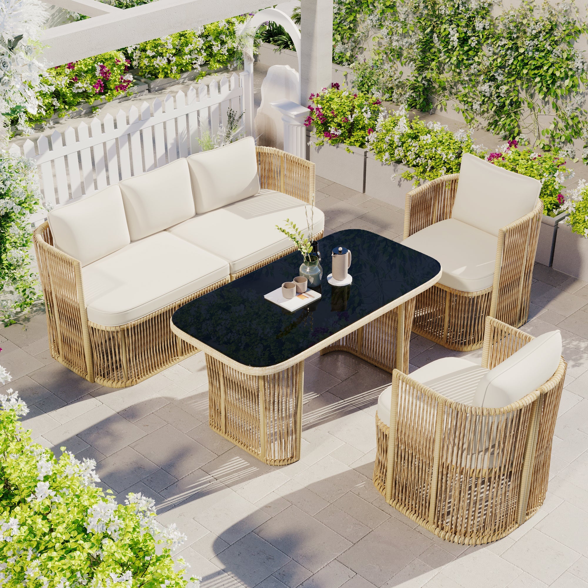 4-Piece Garden Furniture Set with 3-Seater Sofa, 2 Armchairs and Glass Table, PE Rattan and Steel