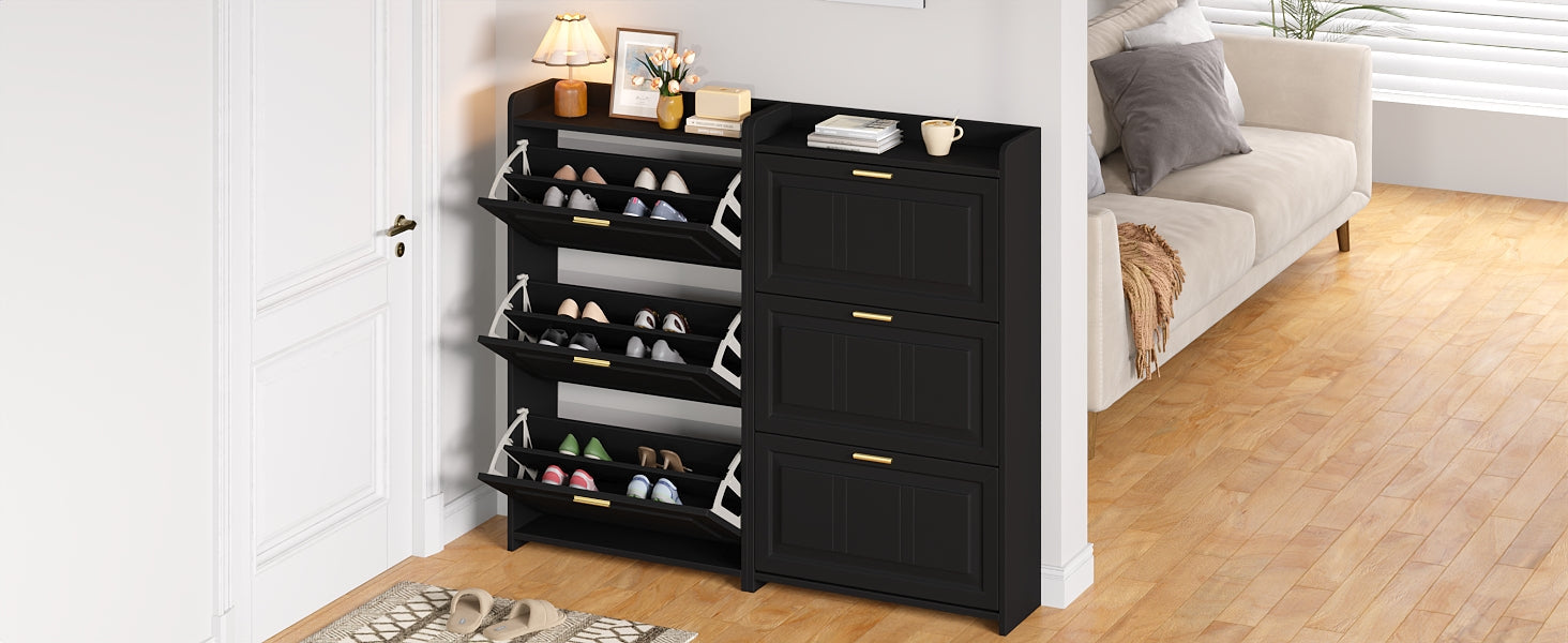 Shoe Cabinet Set with 6 Compartments and 2-Piece Design, Black MDF and Chipboard