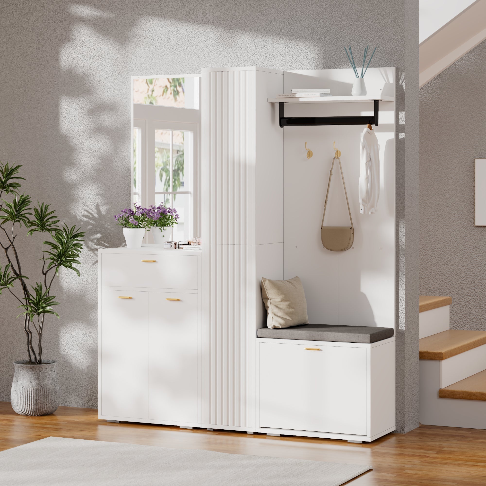 Wardrobe Set Compact Hallway Storage with Mirrored Sideboard Bench Shoe Rack 150x36x180 cm White