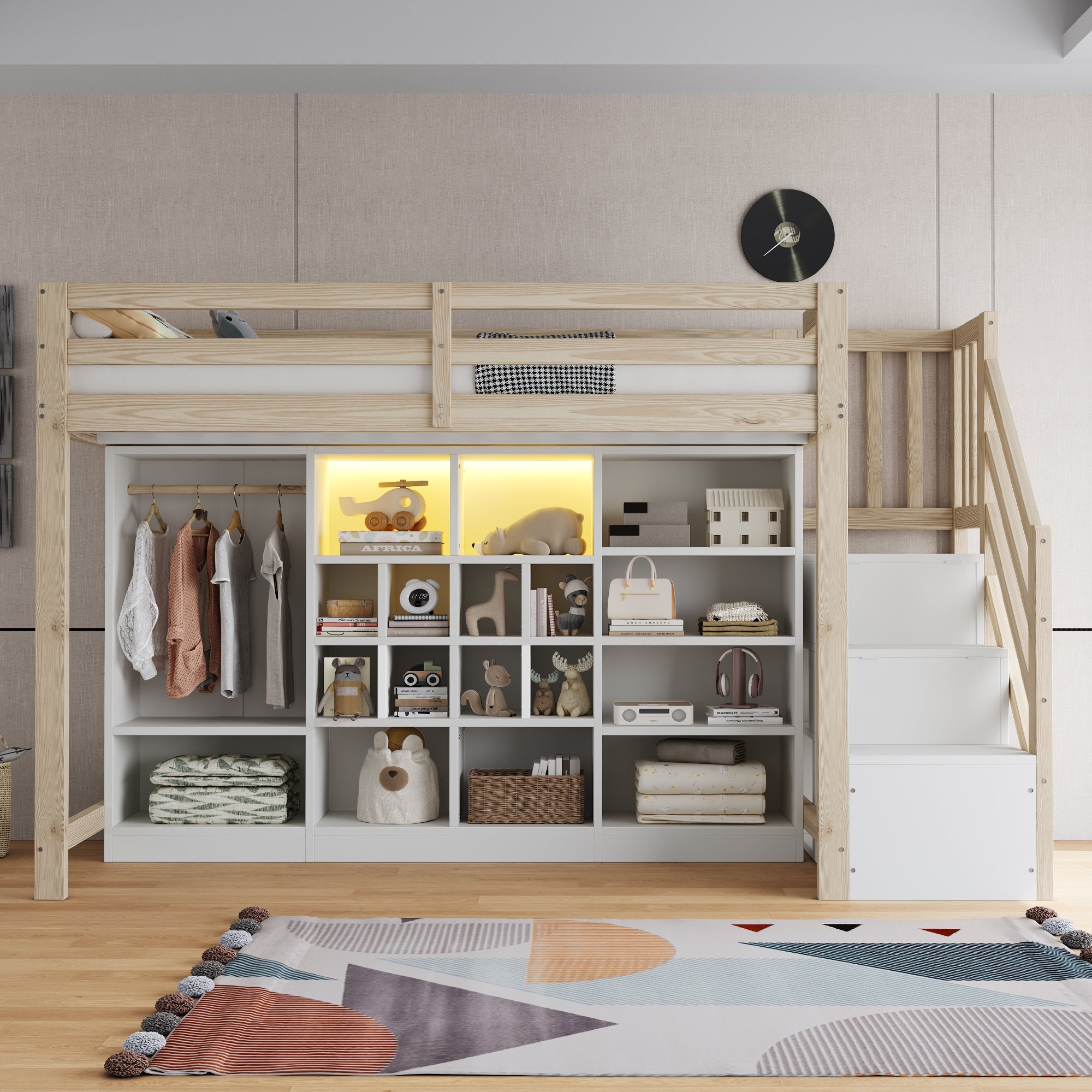 Loft Bed with Wardrobe, Storage Cabinets, LED and Side Ladder, 90x200cm, Wood Color