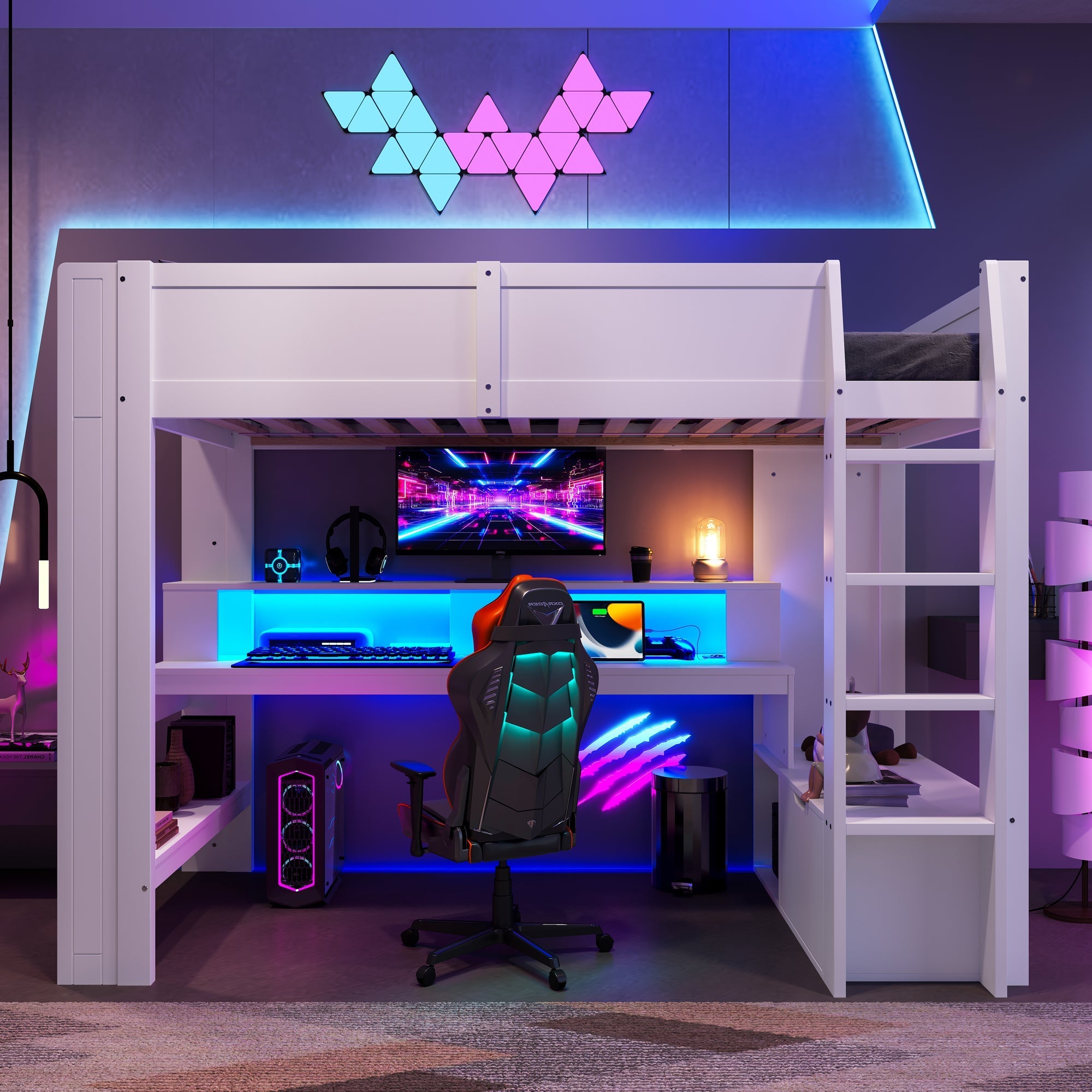 Loft Bed with Gaming Desk, LED Lights and Storage Shelves, White